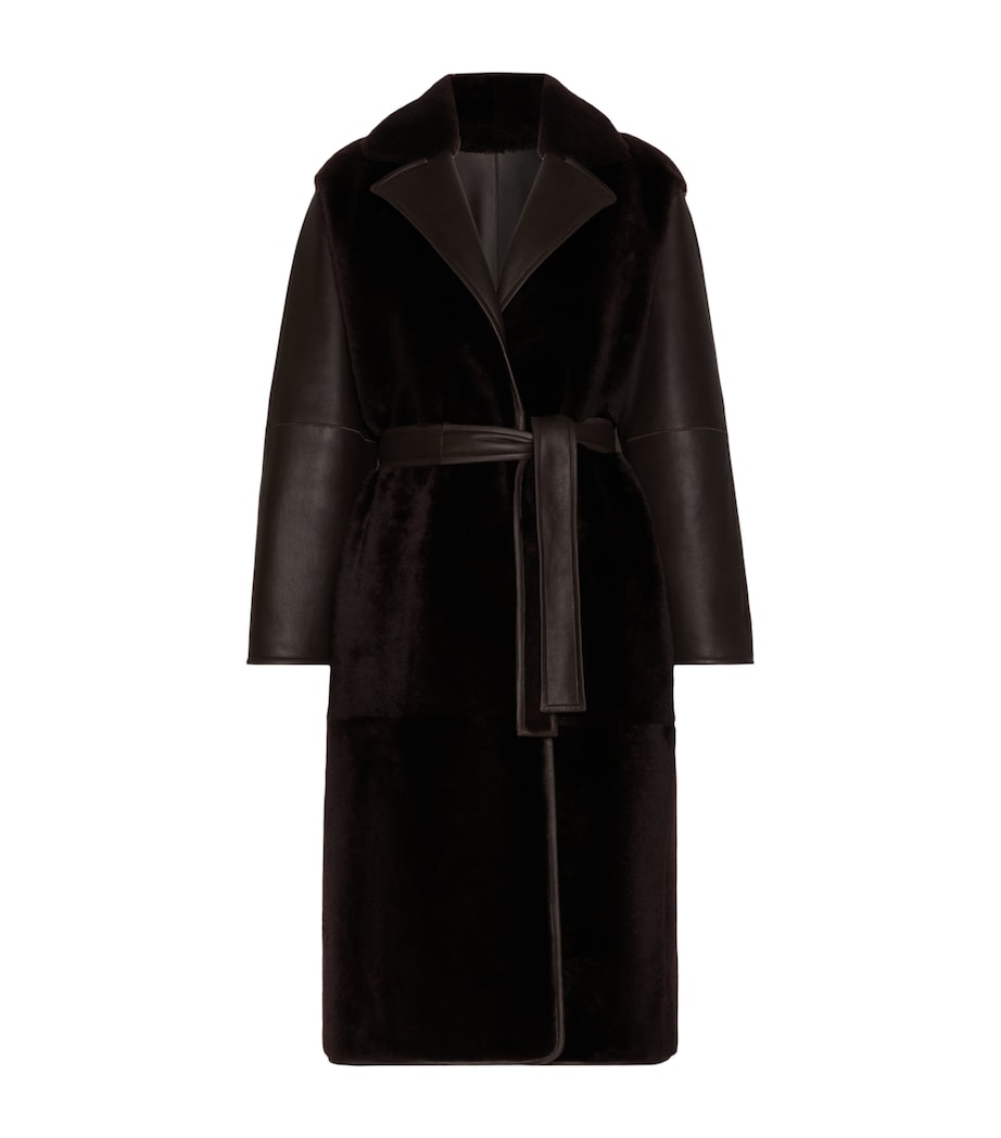 Max Mara Womens Leather-Shearling Belted Longline Coat Dark Brown Image 1