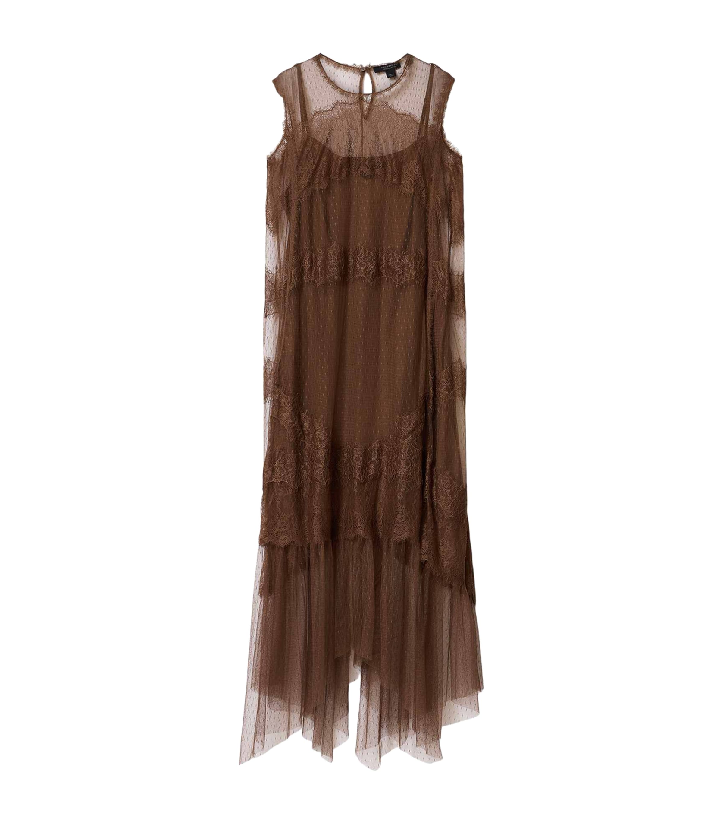 AllSaints Womens Tulle Lace-Trimmed Clara Midi Dress Bitter Brown Image 1