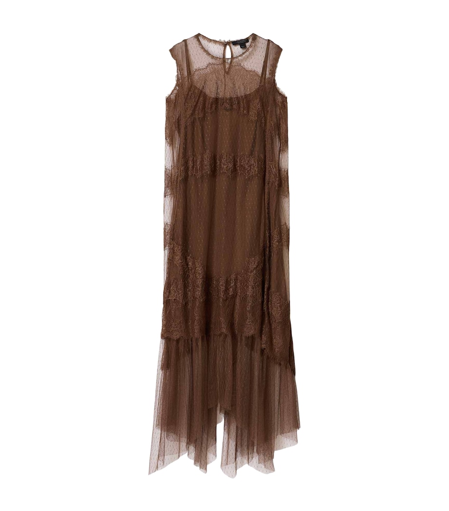 AllSaints Womens Tulle Lace-Trimmed Clara Midi Dress Bitter Brown Image 1