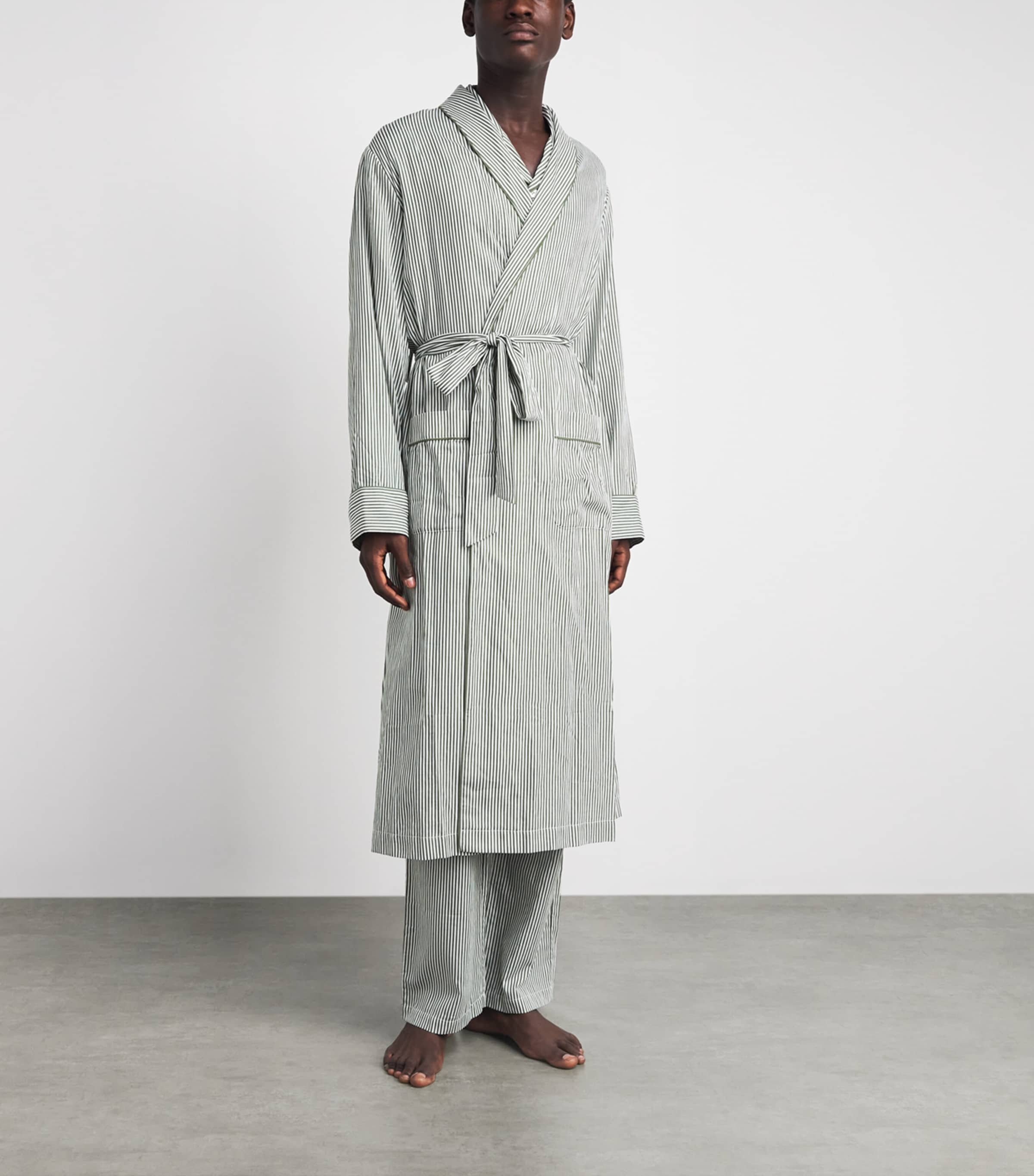 Harrods Mens Cotton Stripe Robe Green Image 2