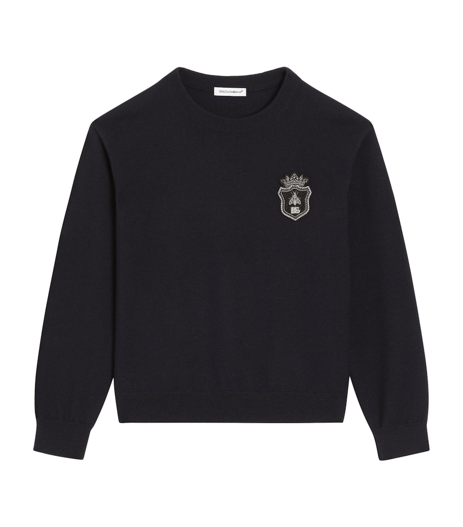 Dolce&Gabbana Kids Virgin Wool Embroidered Crest Sweater (8-12+ Years) Very Dark Blue Image 1