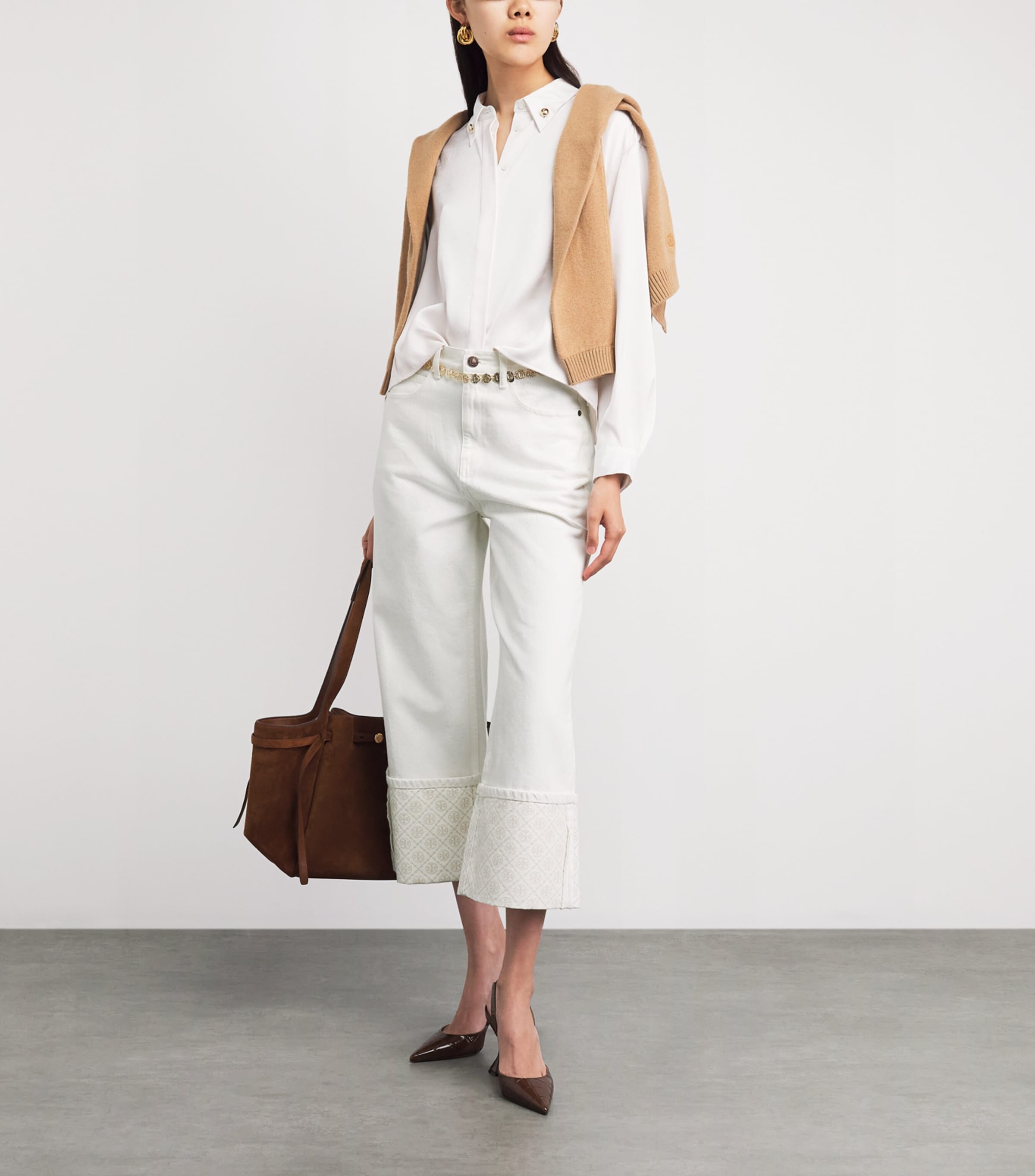 Tory Burch Womens Contrast-Cuff Cropped Straight Jeans White Image 2