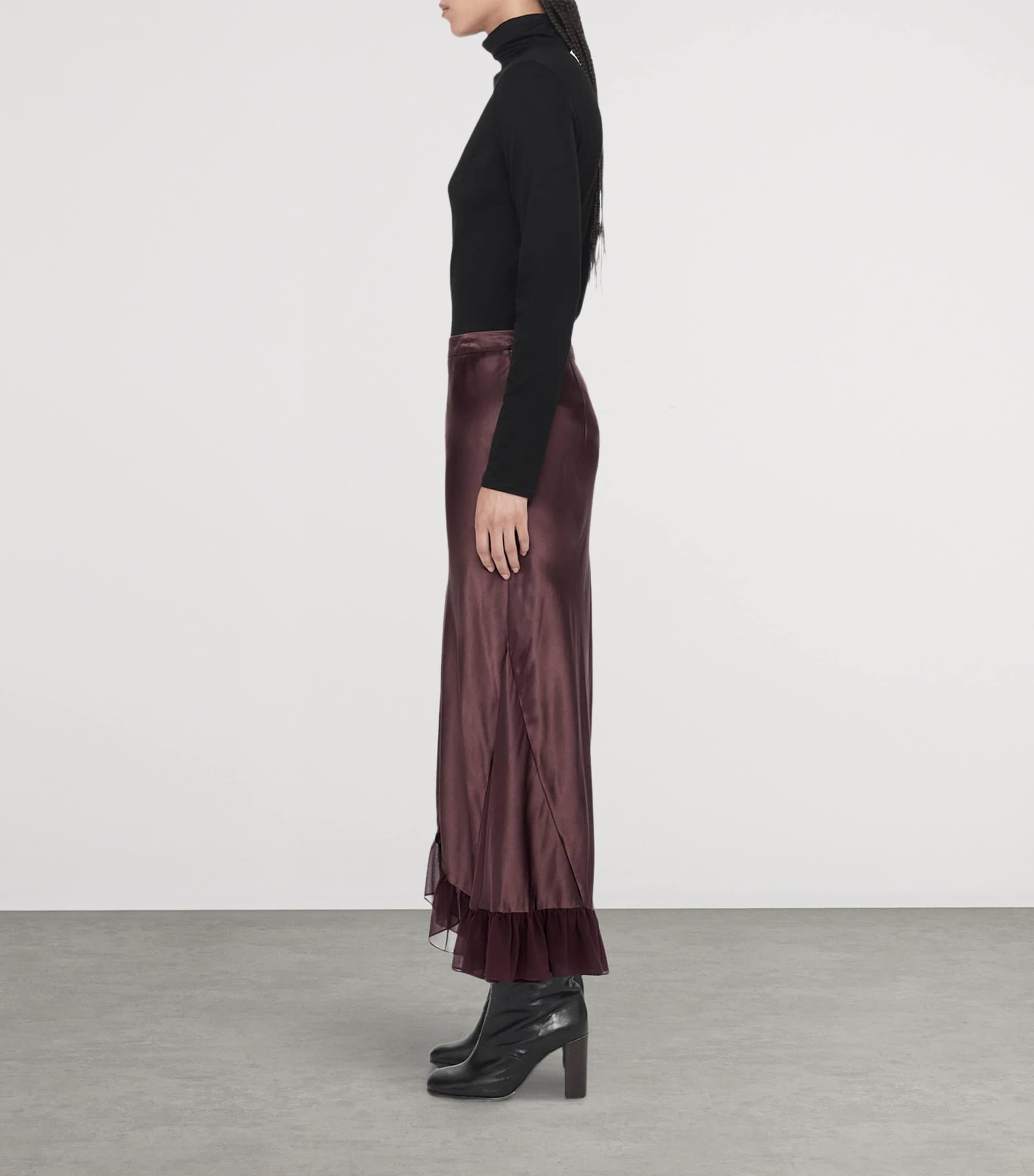 AllSaints Womens Satin Ruffle-Hem Irma Skirt Oxblood Red Image 8