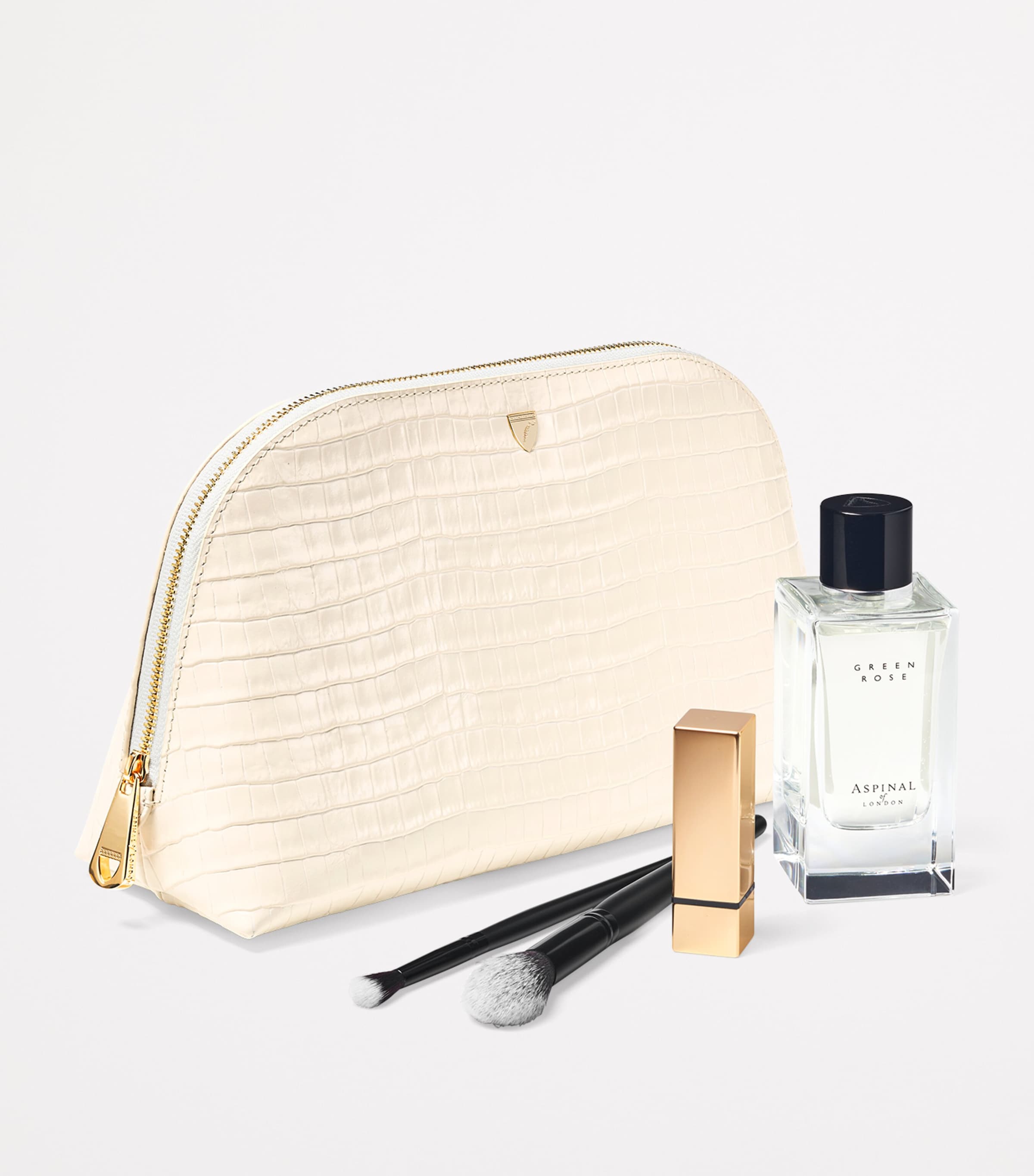 Aspinal Of London Croc-Embossed Leather Classic Wash Bag Ivory Image 3
