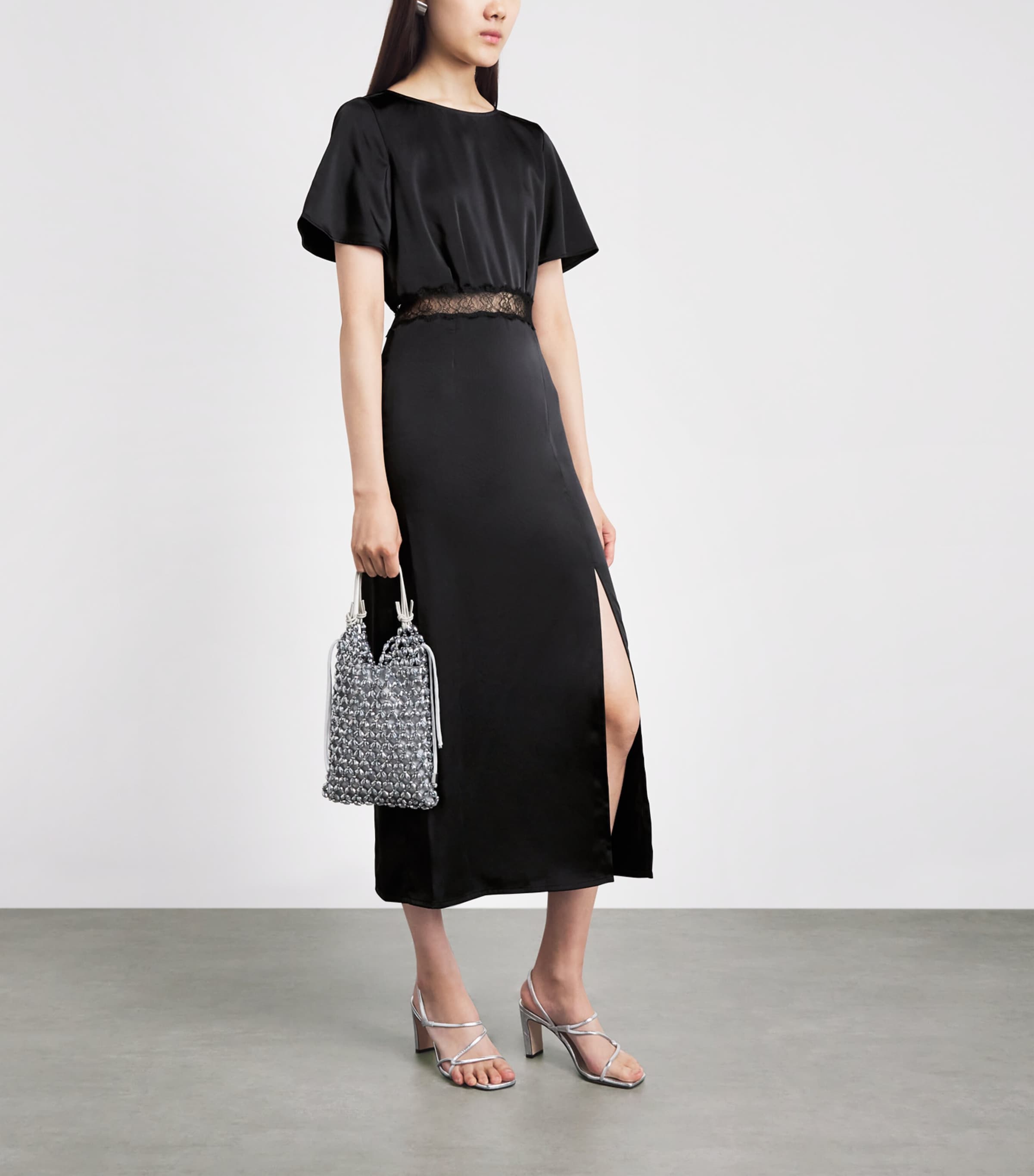 Claudie Pierlot Womens Satin Lace-Waist Midi Dress Black Image 2