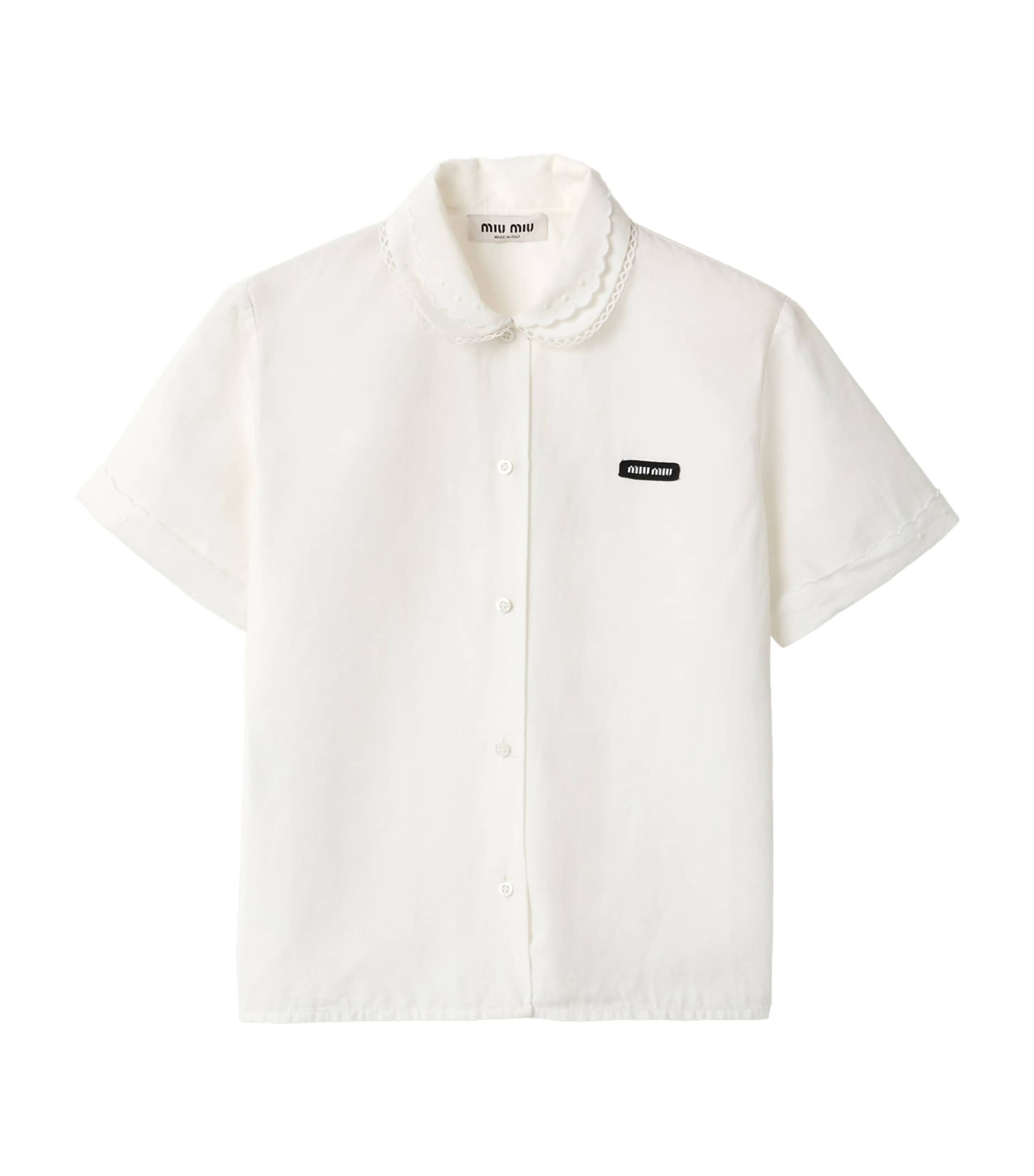 Miu Miu Short Sleeve Cropped Button Down Shirt With Collar In Multicolor