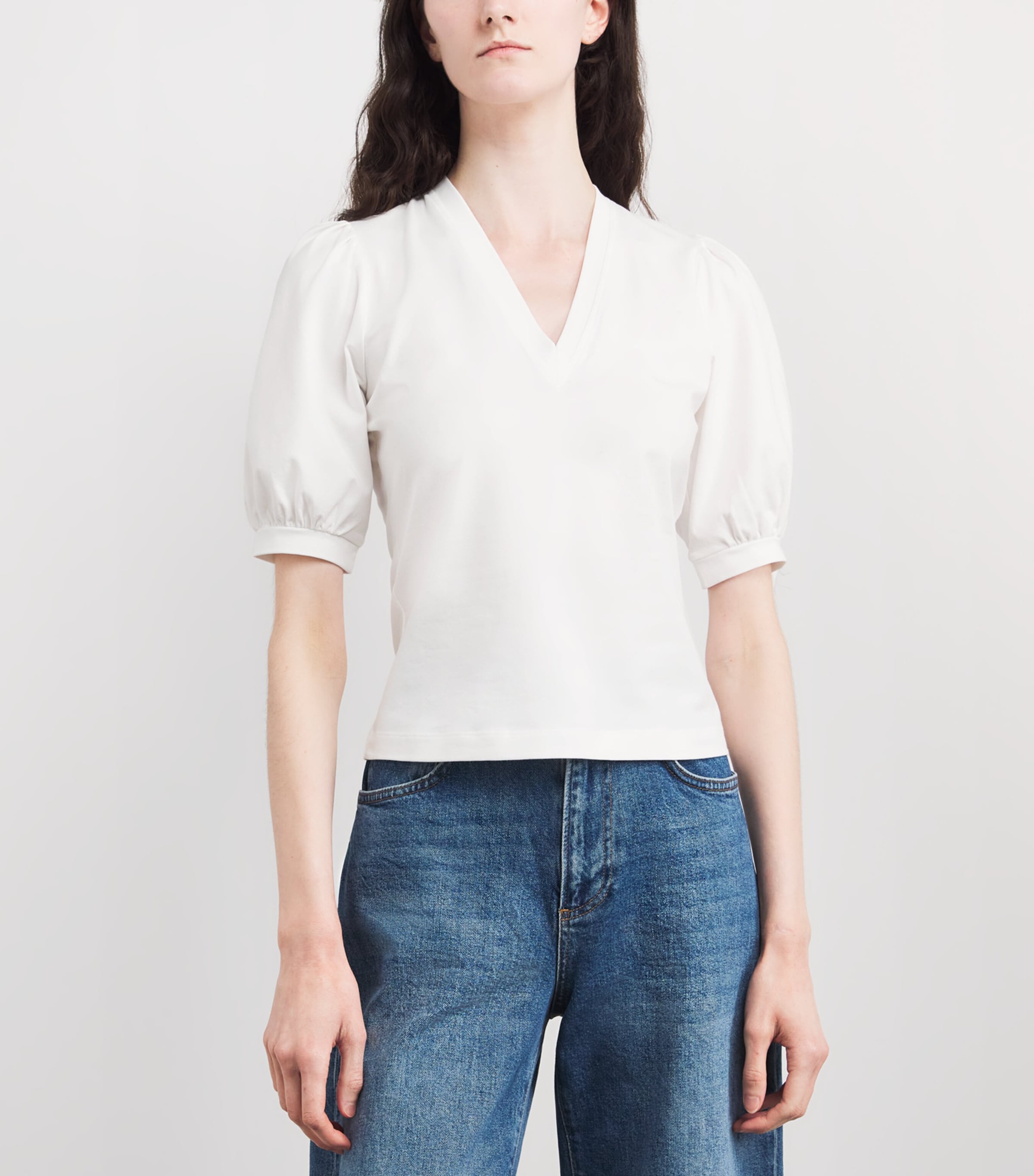 ME+EM Womens Stretch-Cotton Pouf-Sleeve T-Shirt Soft White Image 4