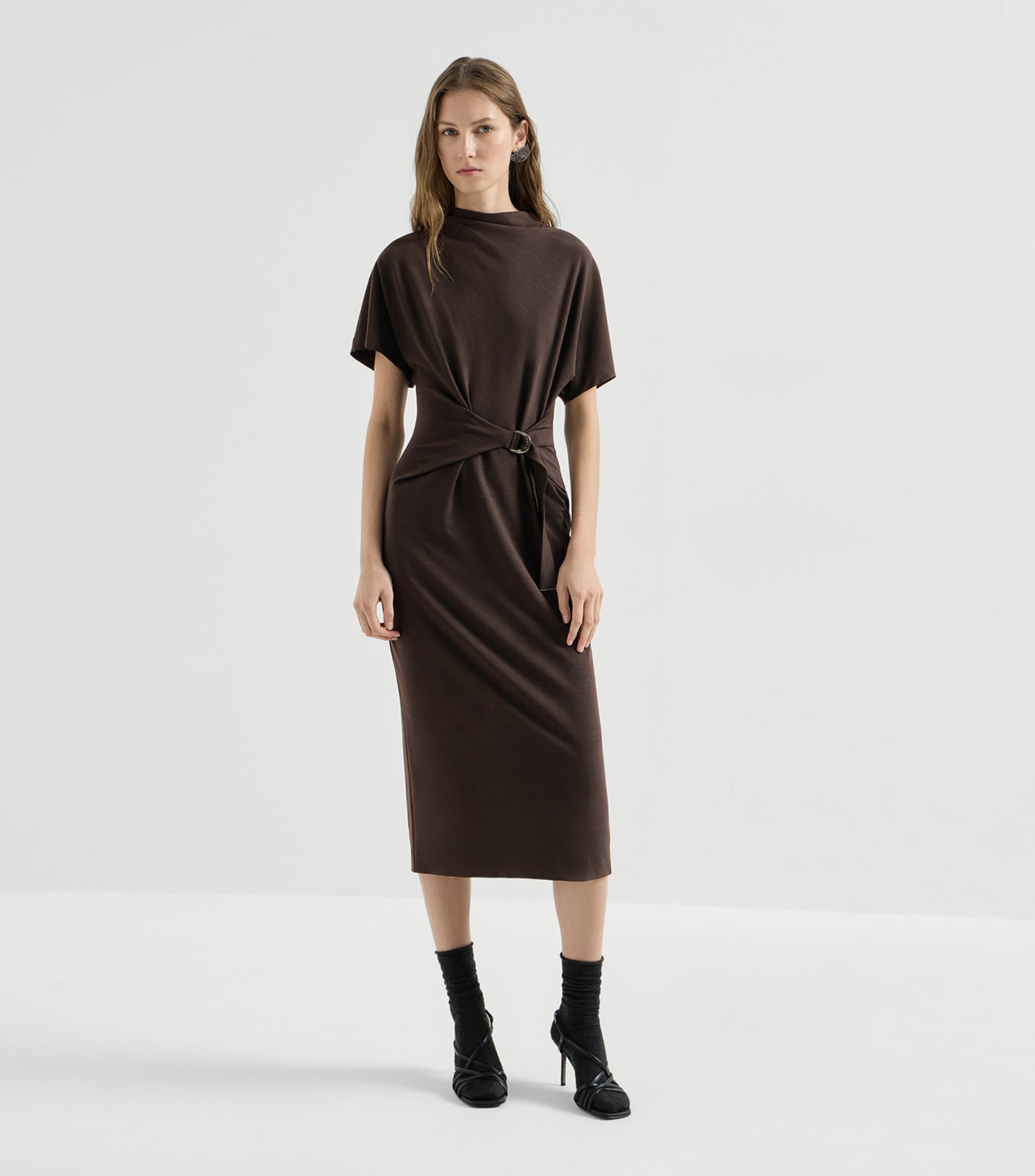 Brunello Cucinelli Womens Wool-Blend Belted Midi Dress Image 3