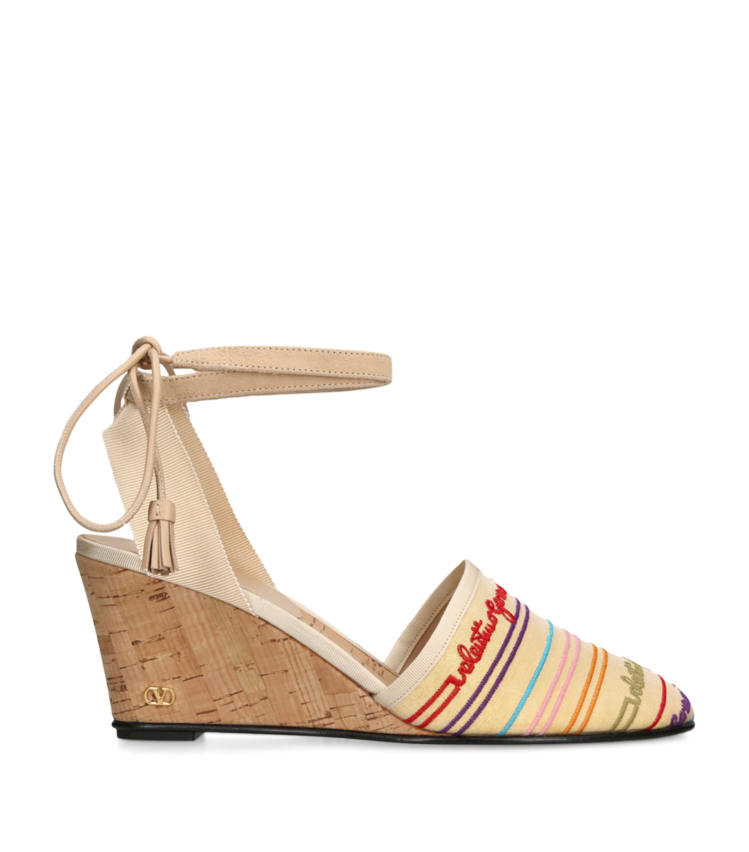 Valentino La Cruisette 75 Tasseled Embroidered Canvas Wedge Sandals In Multi