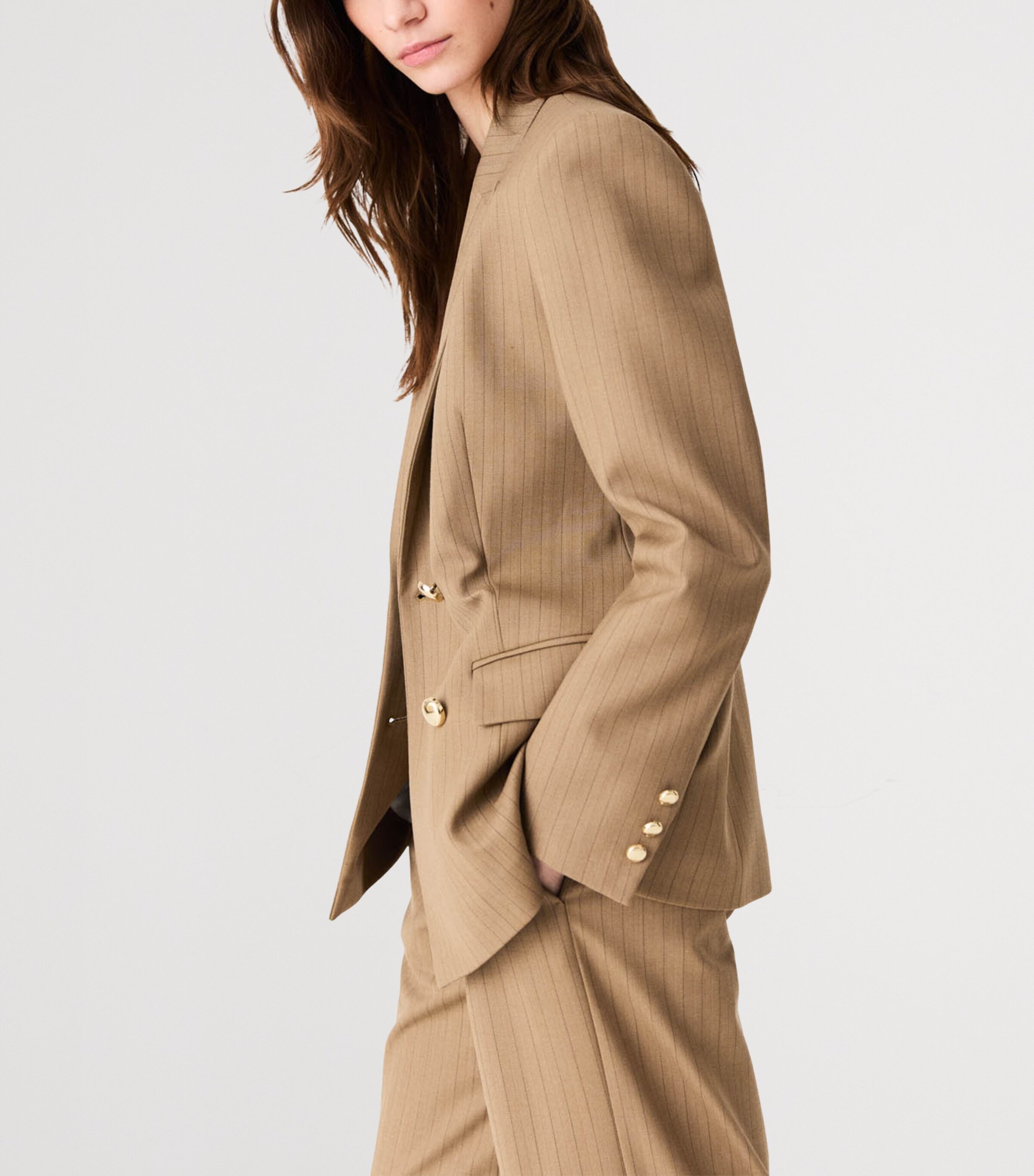 Maje Womens Wool-Blend Striped Blazer Beige Image 6