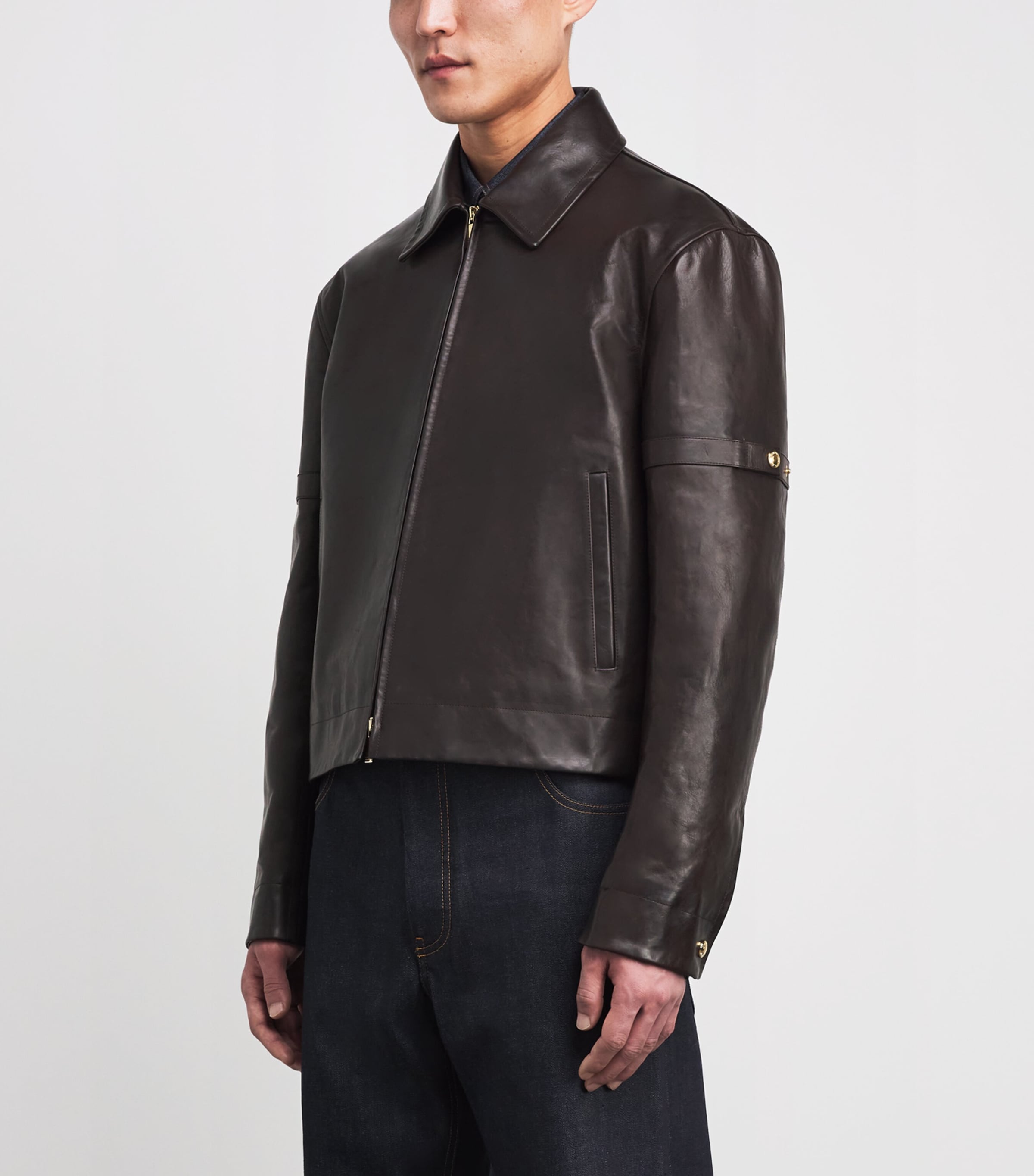Leather Zip-Up Jacket DARK BROWN Image 4