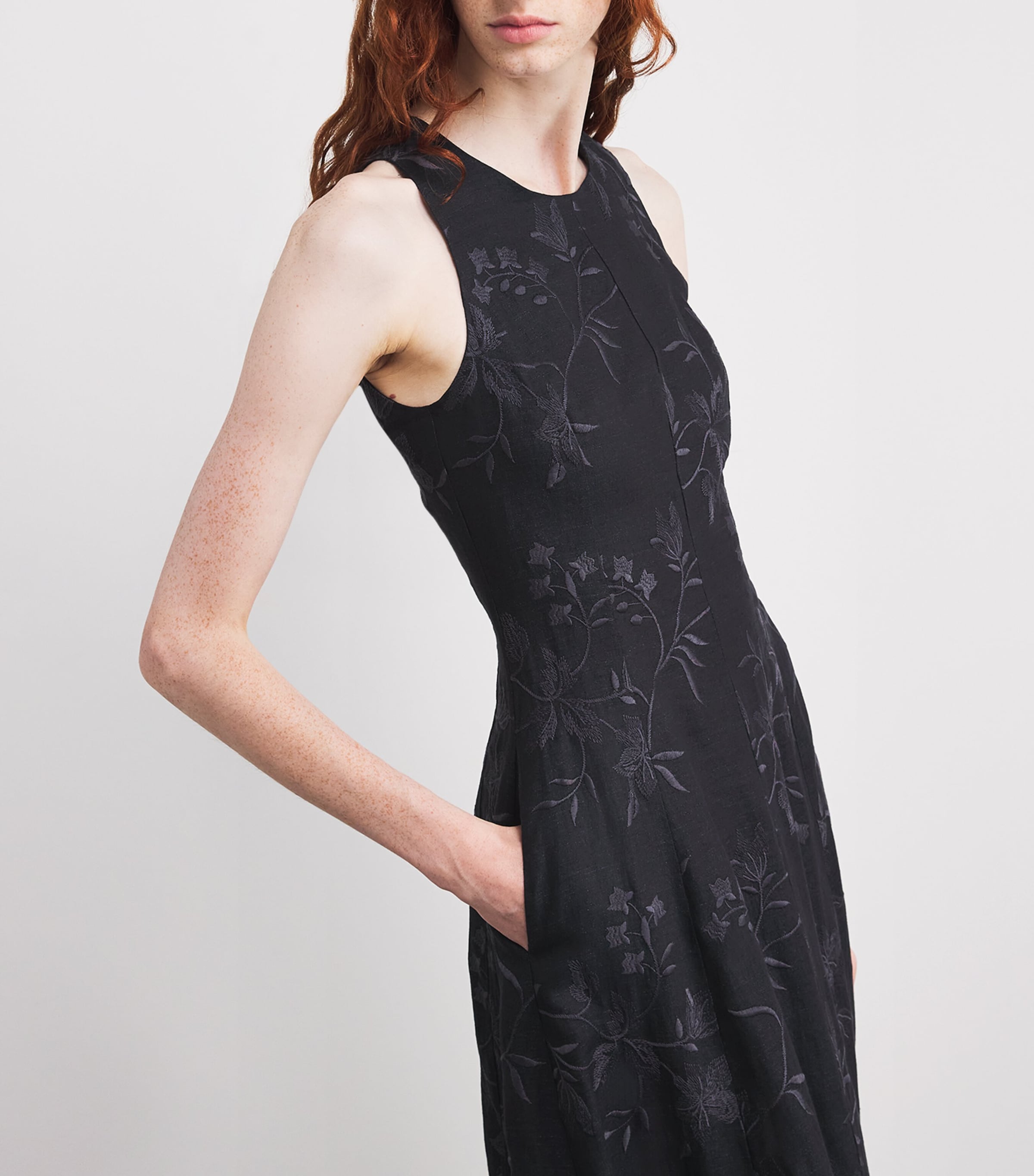 Eleventy Womens x Harrods Linen Floral-Embroidered Dress Nero Image 5