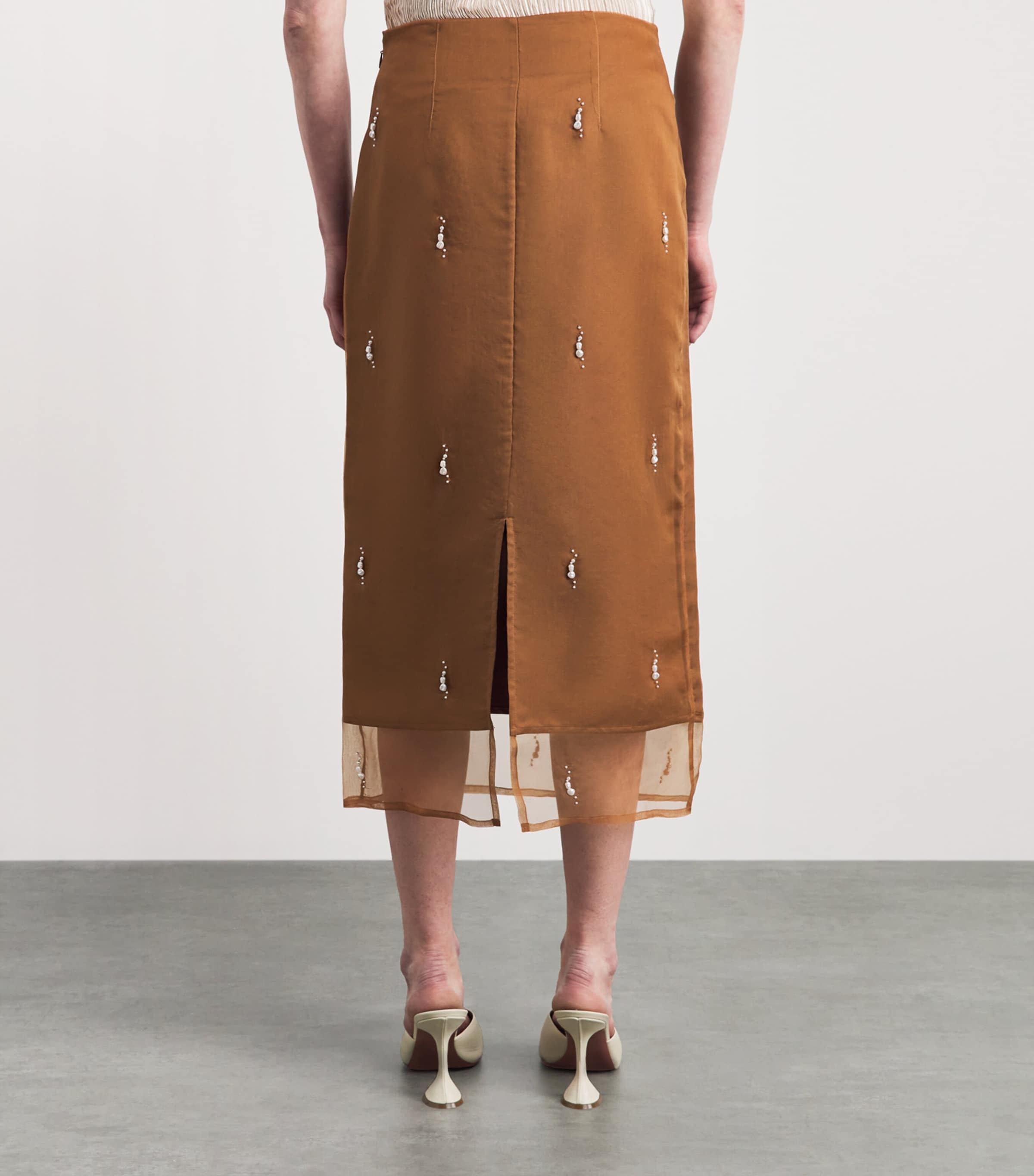 Róhe Womens Organza Pearl-Embellished Midi Skirt Cognac Image 5