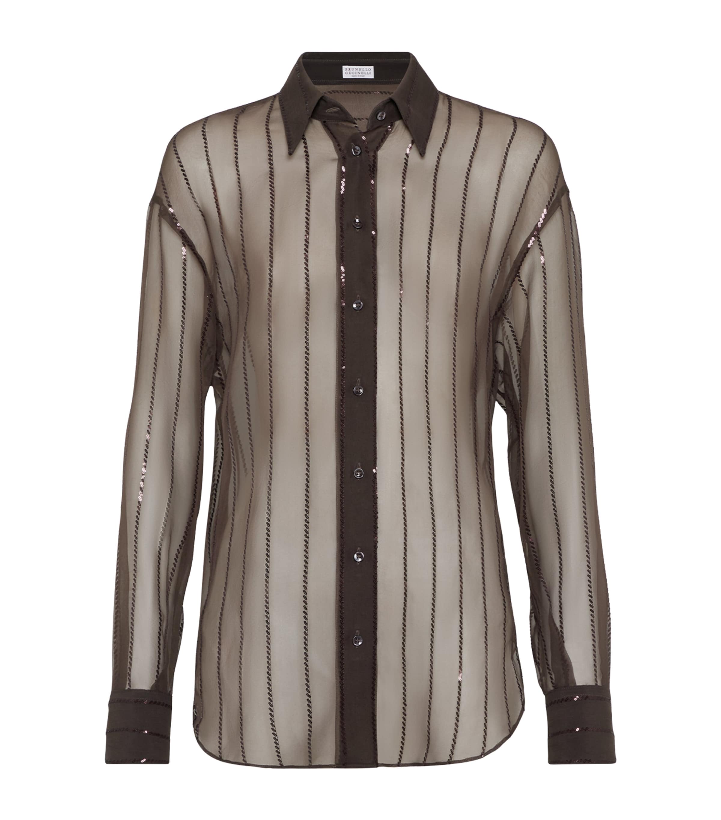 Brunello Cucinelli Silk Sequin-stripe Shirt In Brown