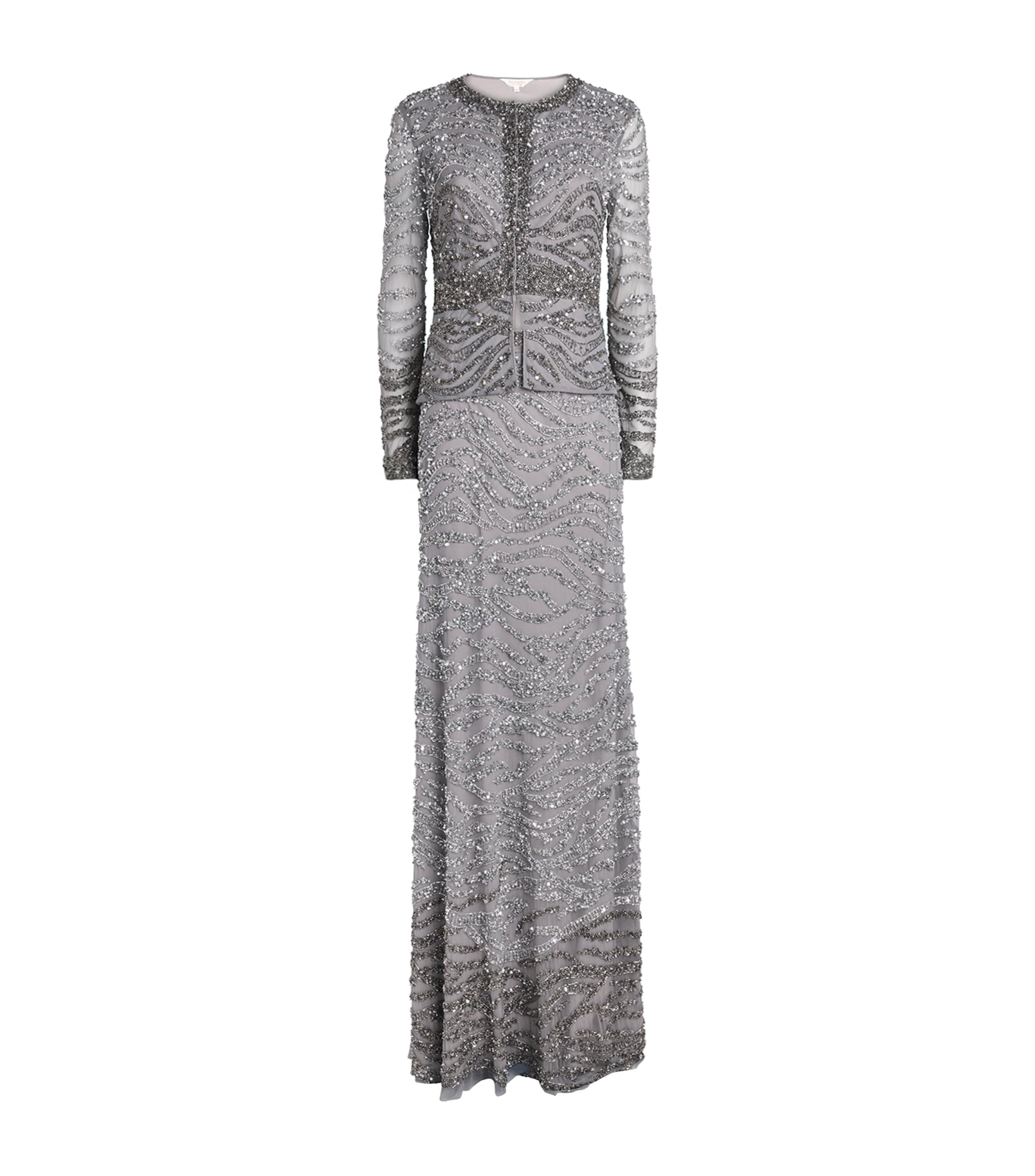 Raishma Womens Embellished Eloise Jacket and Maxi Skirt Set Silver Grey Image 1
