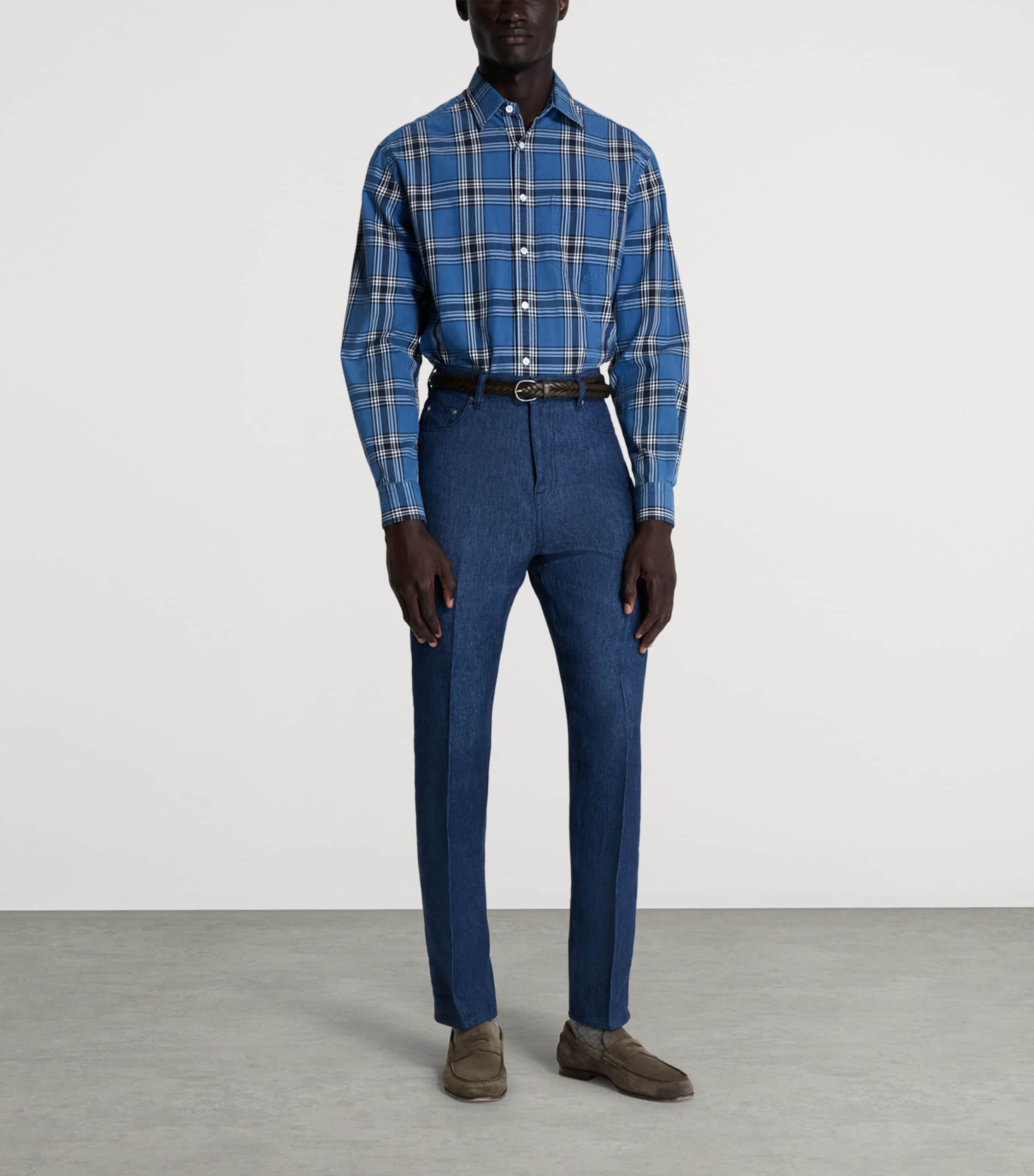 Dunhill Mens Cotton Check Print Shirt Indigo Image 2