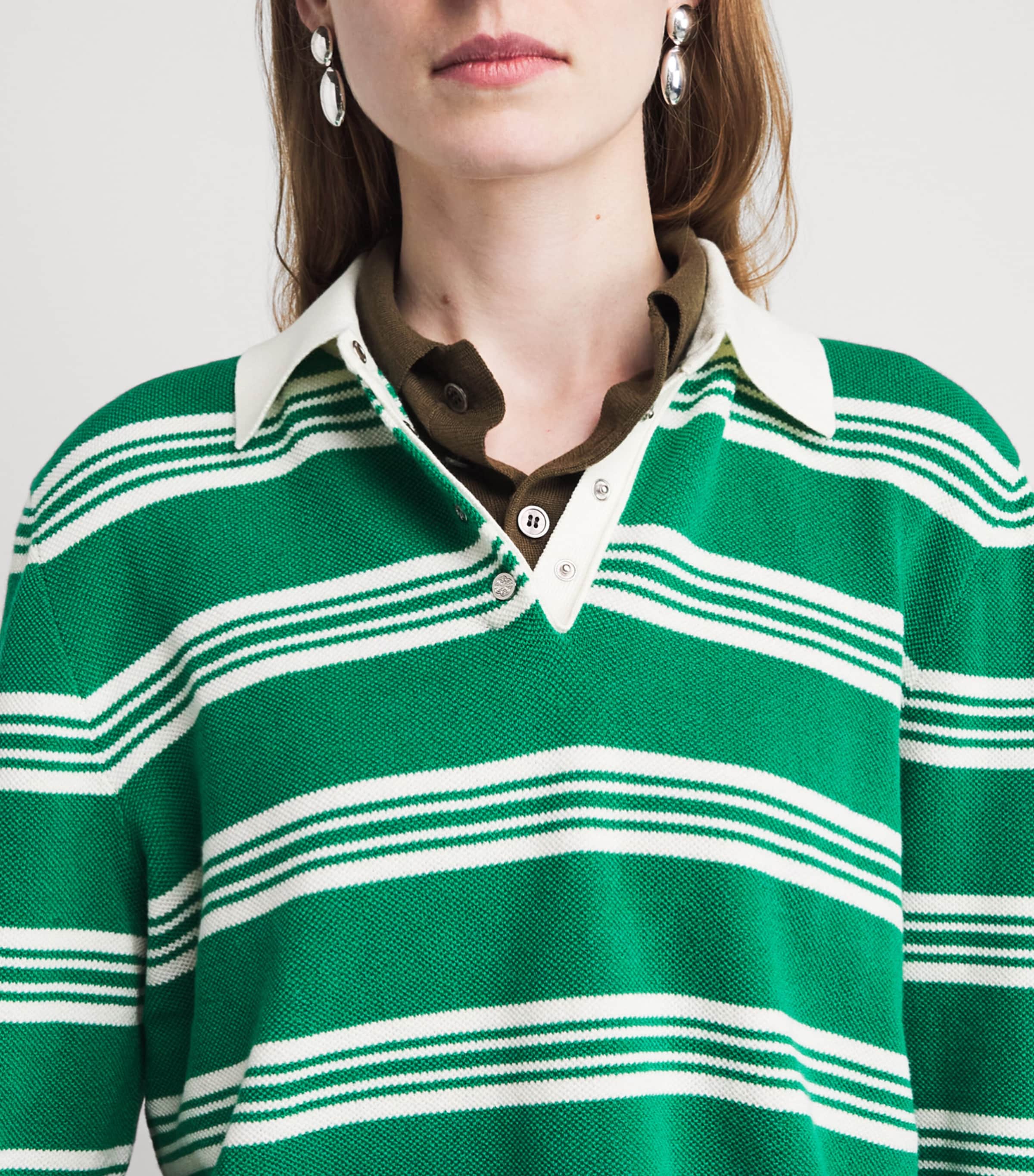 Maje Womens Cotton-Blend Stripe Polo Sweater Green Image 3