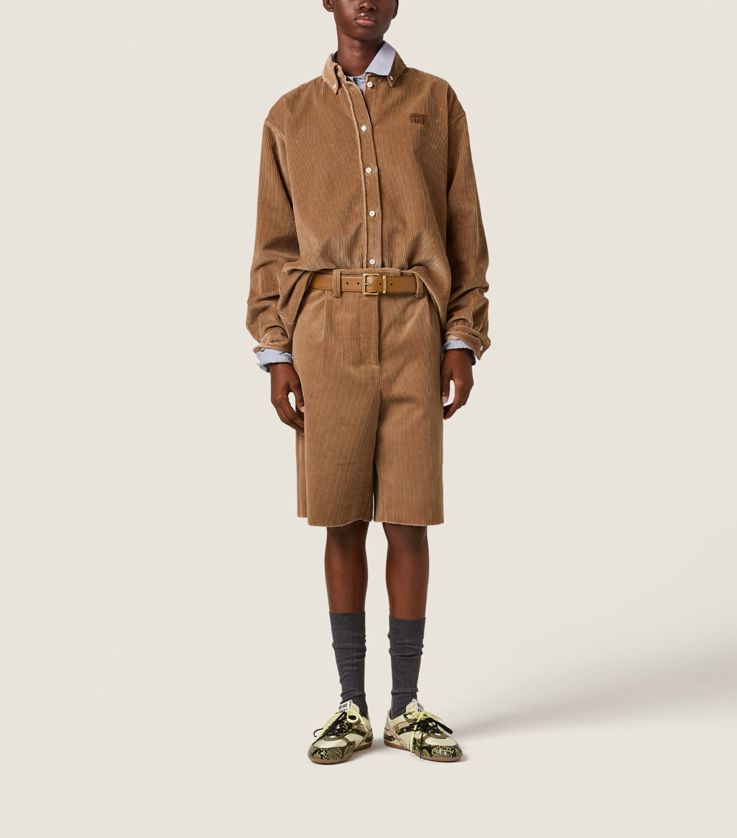 Miu Miu Womens Corduroy Suede-Trim Shirt Image 2