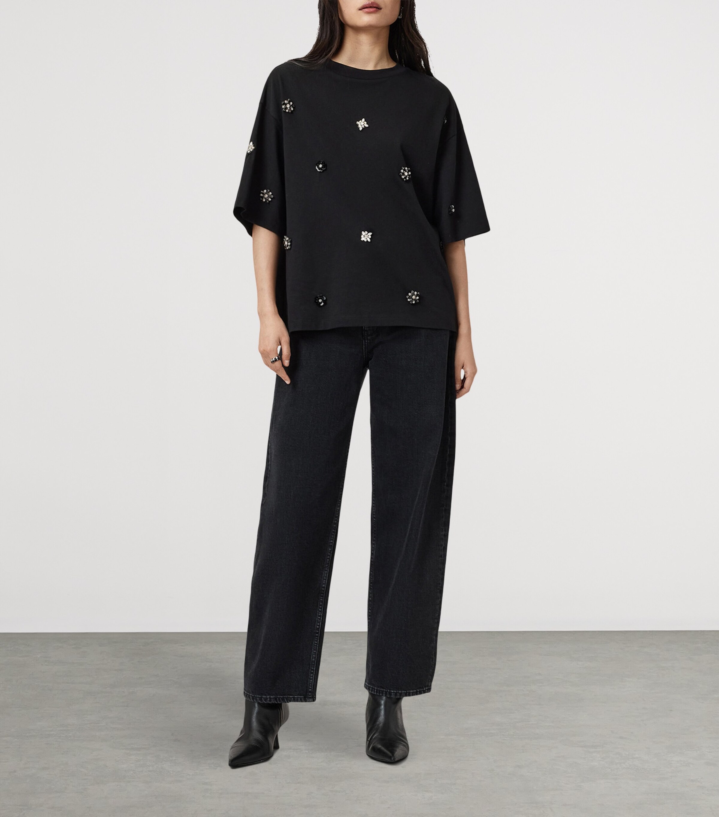 AllSaints Womens Organic Cotton Amelie Embellished T-Shirt Black Image 2