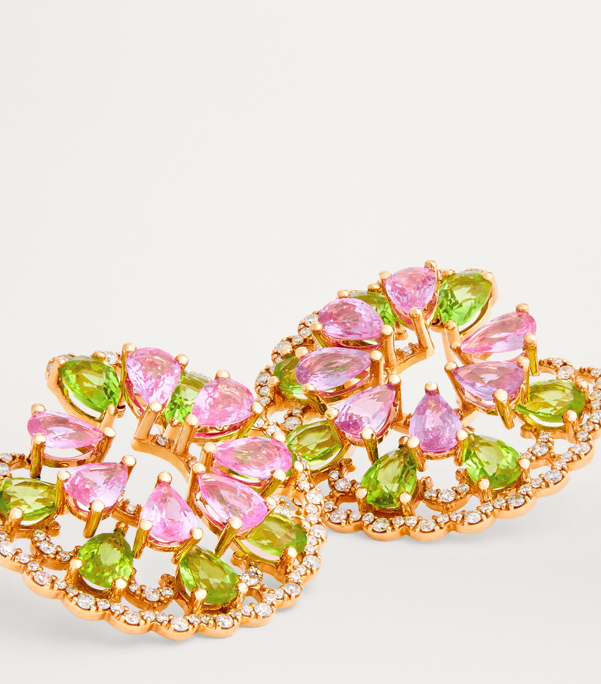 Rose Gold, Diamond, Pink Sapphire and Peridot Secret Garden Peacock Earrings ROSE GOLD Image 5