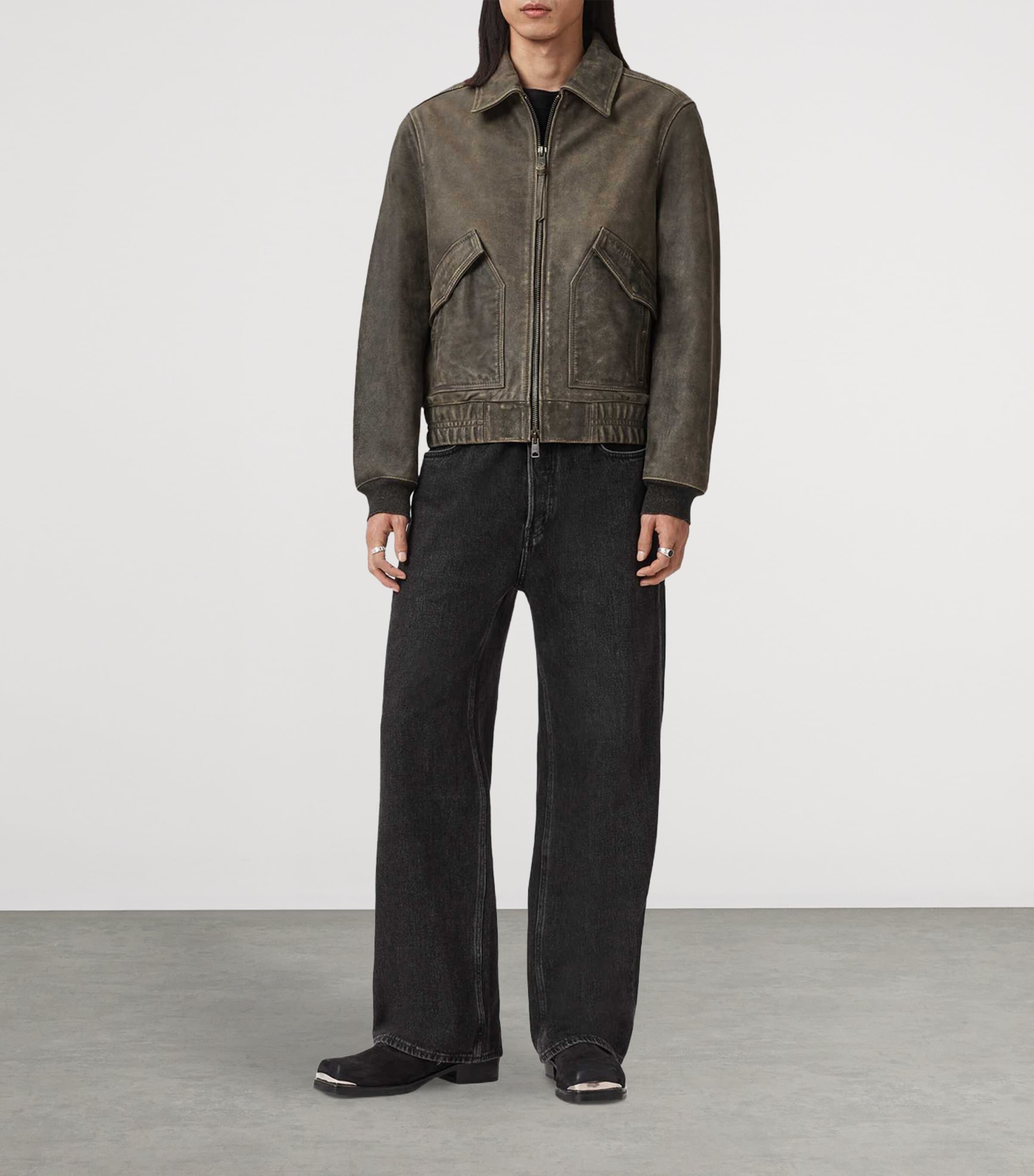 AllSaints Mens Marland Aviator Leather Jacket Black Beige Image 7