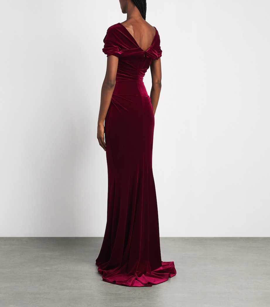Talbot Runhof Womens Stretch-Velvet Ruched Gown Burgandy Image 4