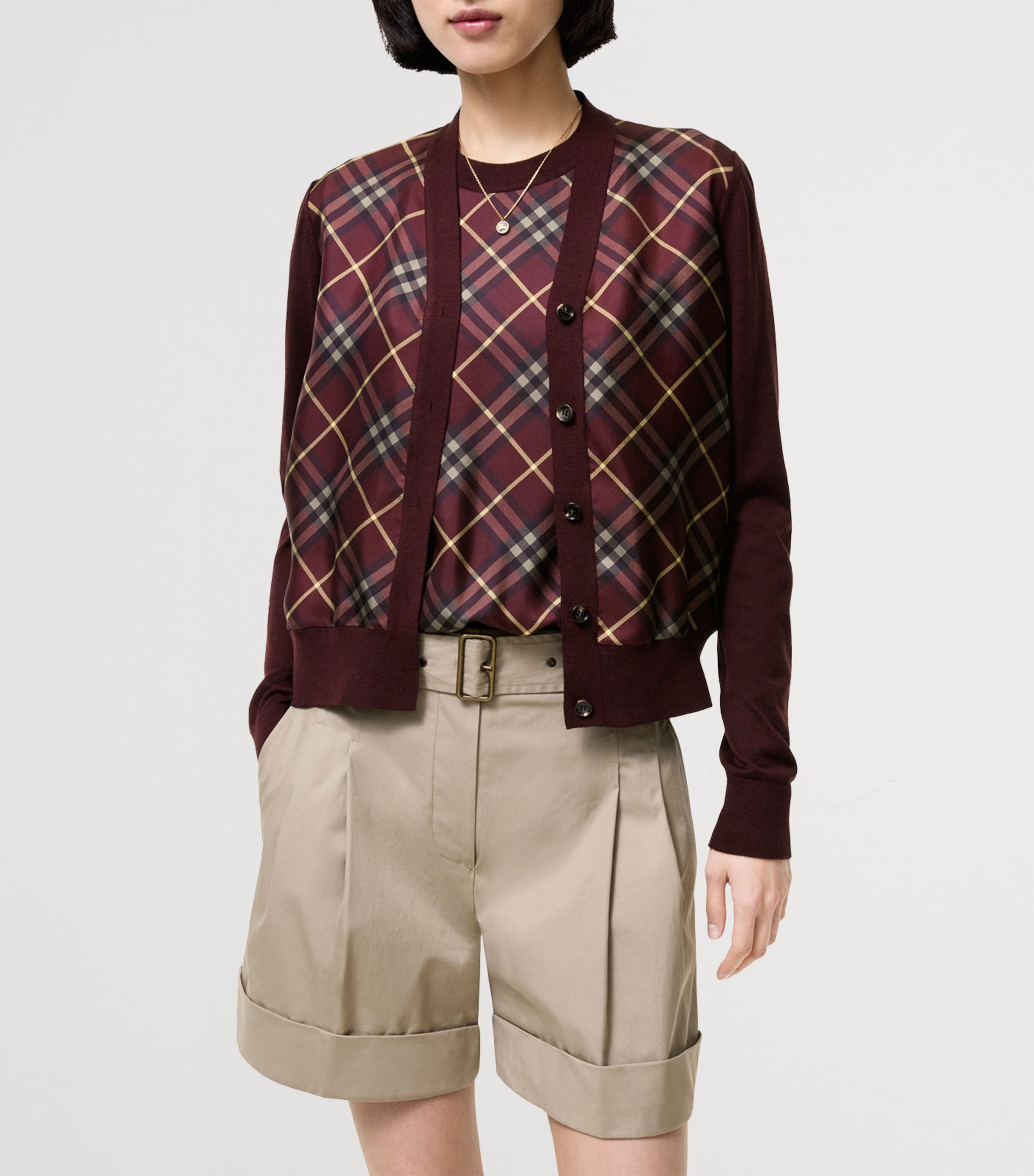 Burberry Womens Wool-Silk Check Panel Cardigan Vineyard Red Image 2