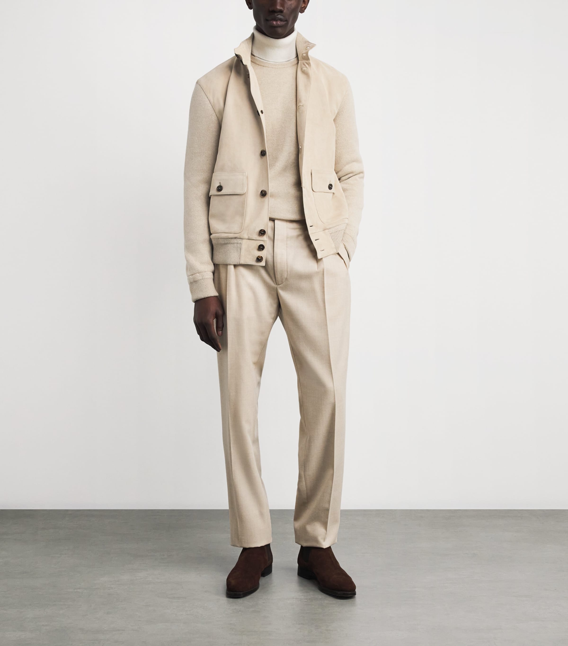 Suede-Front Cashmere Cardigan CHAMPAGNE Image 2