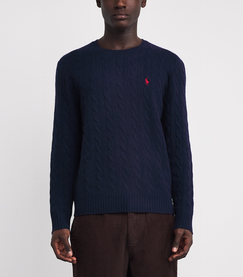 Wool-Cashmere Cable-Knit Polo Pony Sweater BLUE Image 3