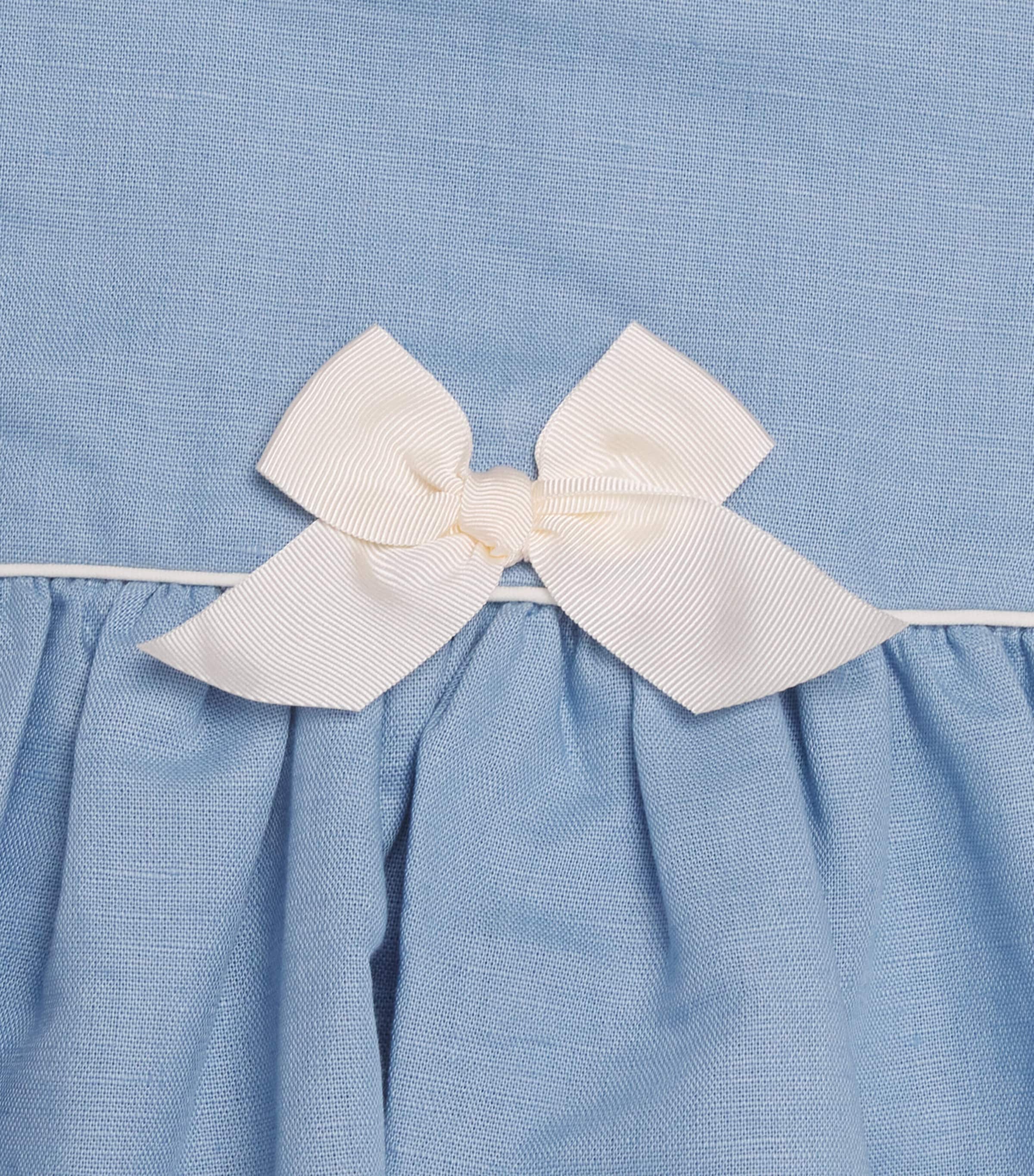 Harrods Linen-Cotton Bow-Detail Dress and Bloomers Set (0-18 Months) Blue Image 4