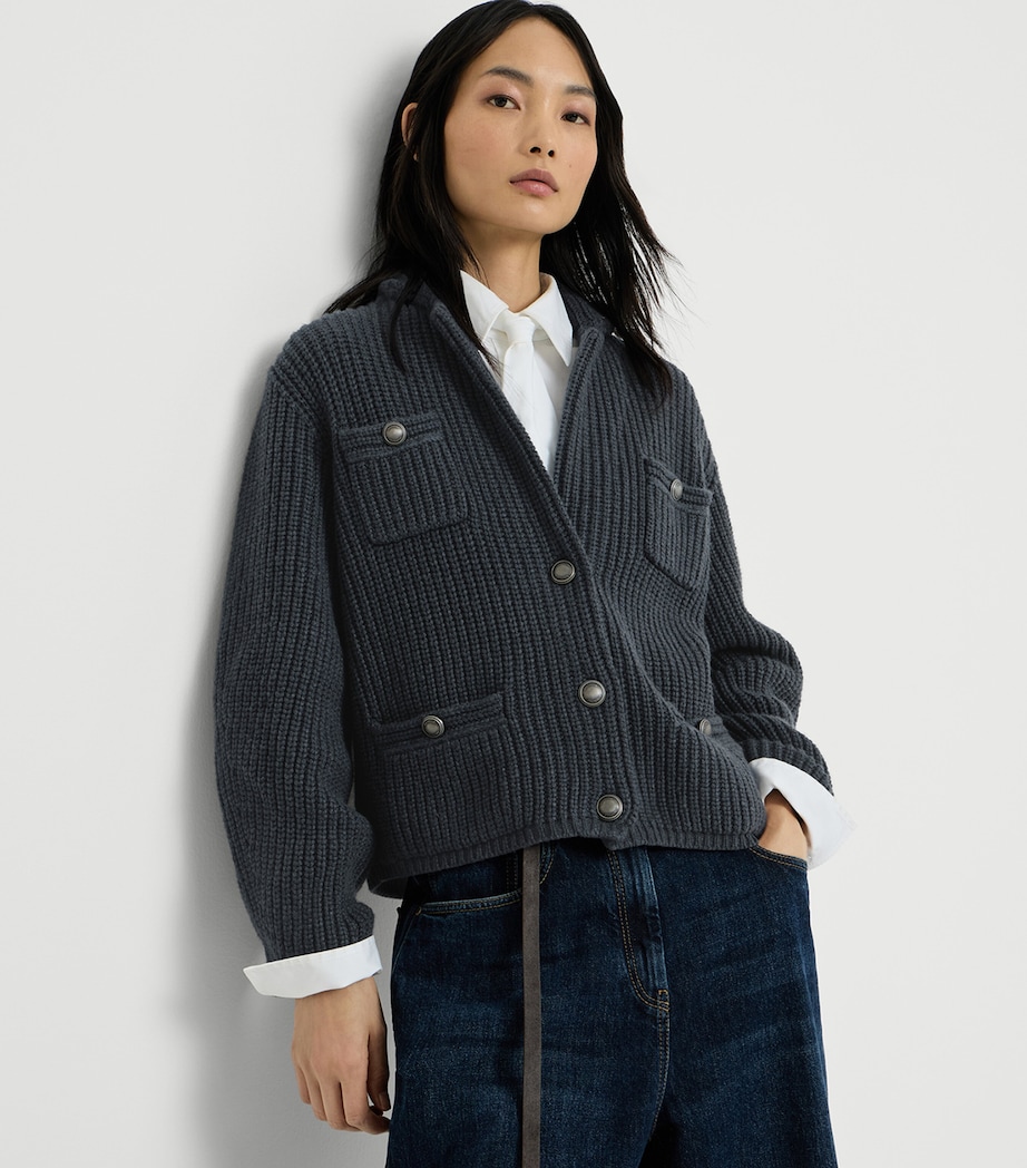 Brunello Cucinelli Womens Cashmere Rib-Knit Cardigan Blu Freddo Image 4