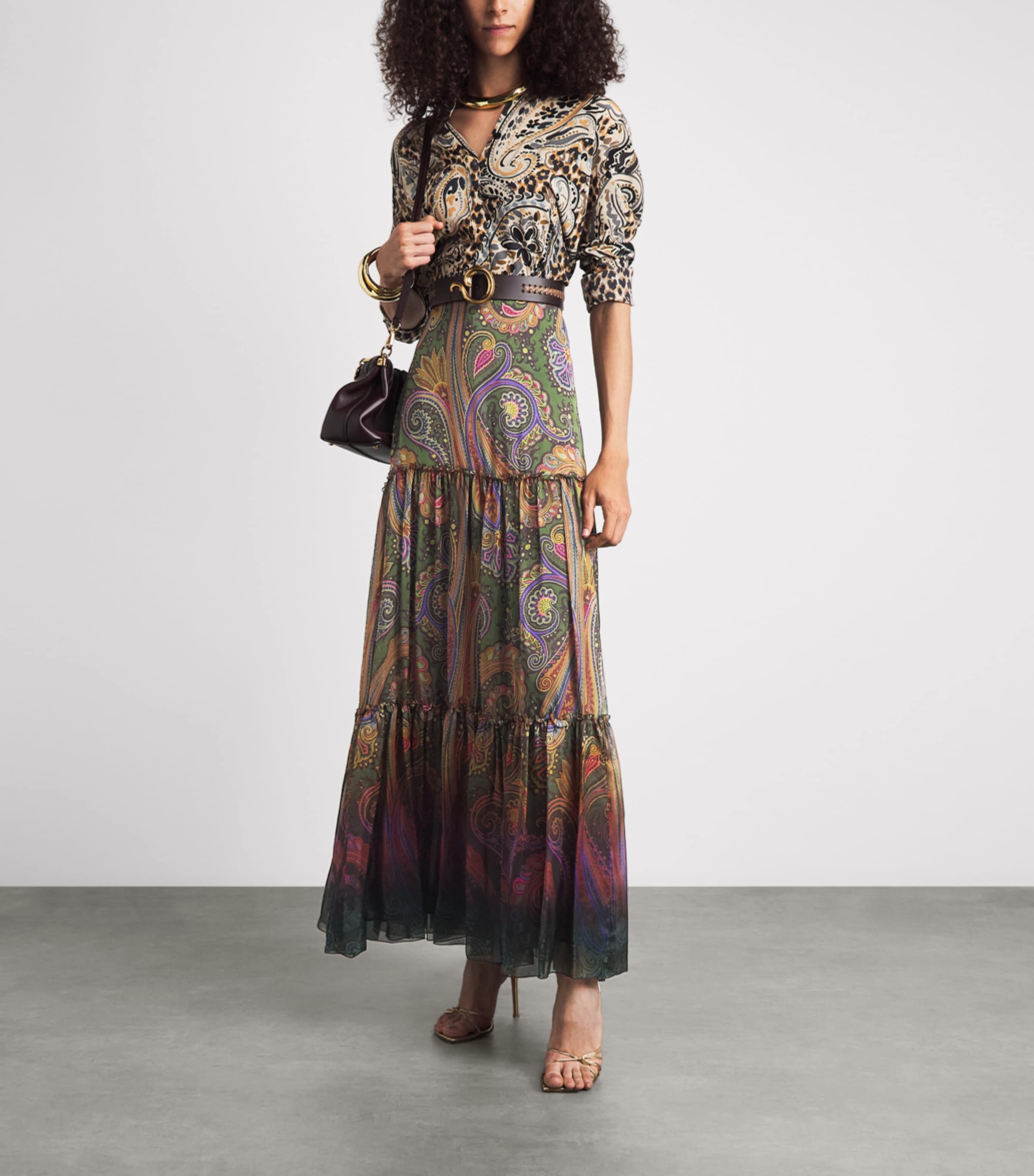 Etro Womens Silk Paisley Tiered Maxi Skirt Green Image 2