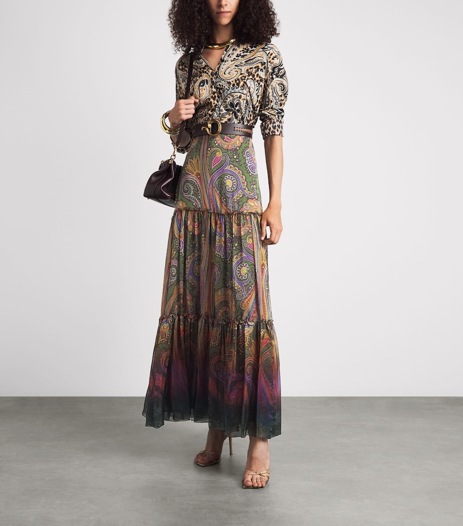 Etro Womens Silk Paisley Tiered Maxi Skirt Green Image 2