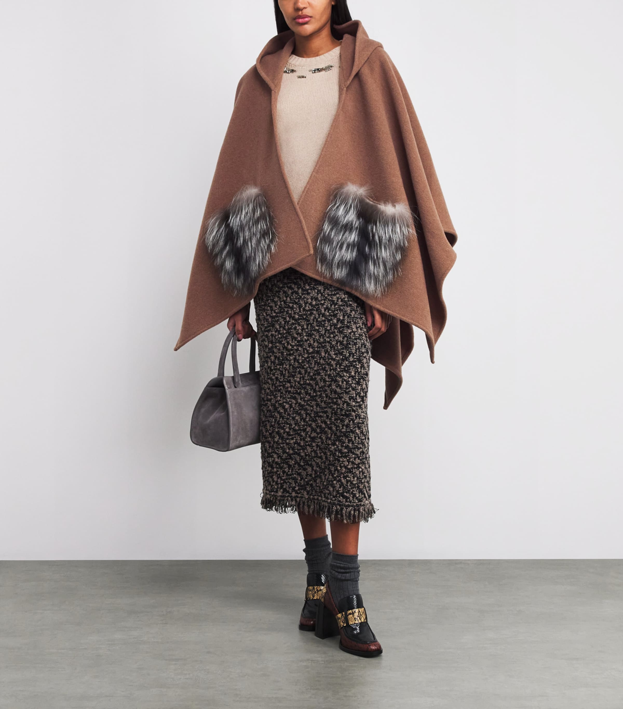 Fabiana Filippi Womens Wool Hooded Cape Corteccia Image 2
