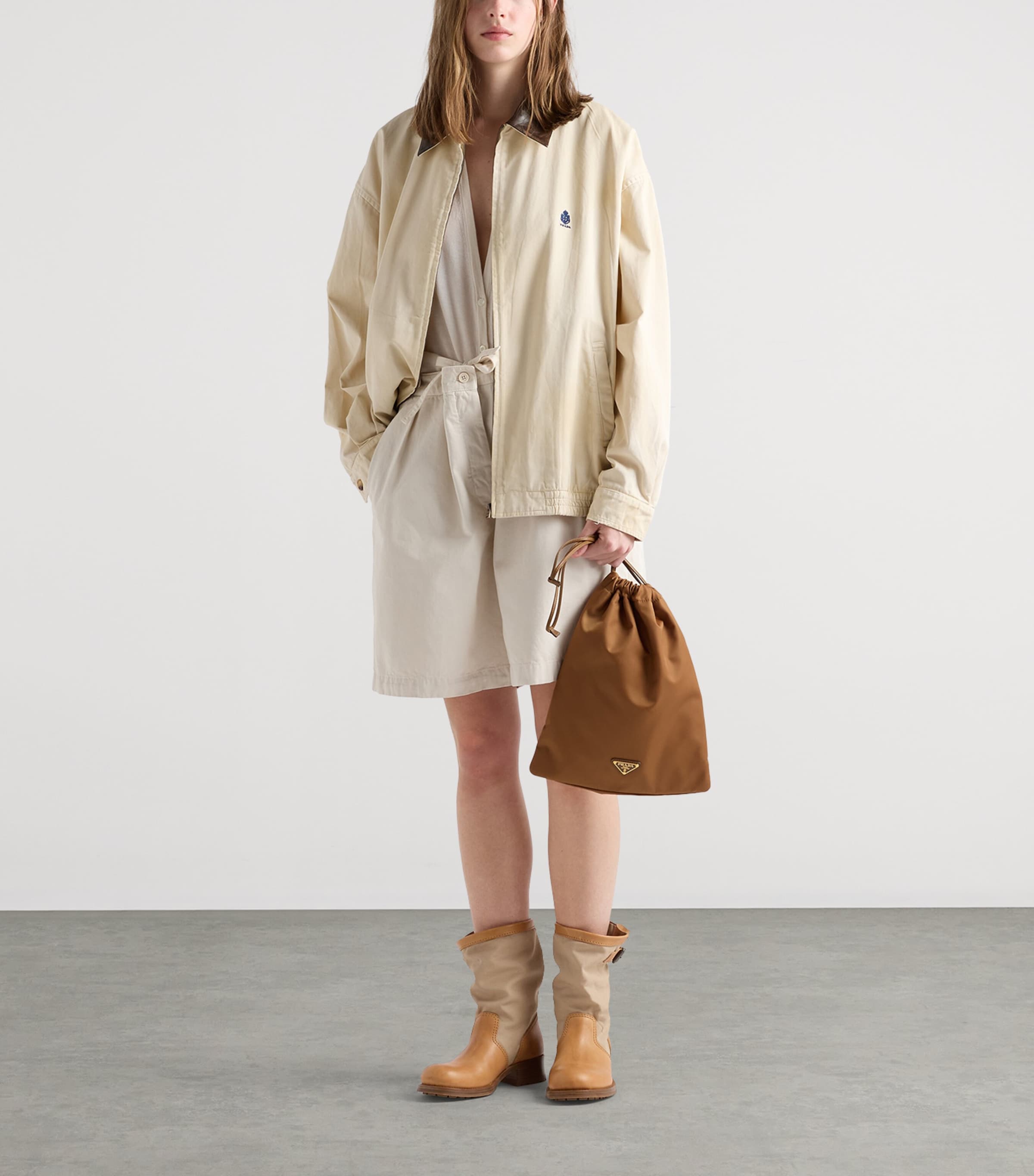 Prada Womens Leather-Trim Canvas Bomber Jacket Neutral Image 2