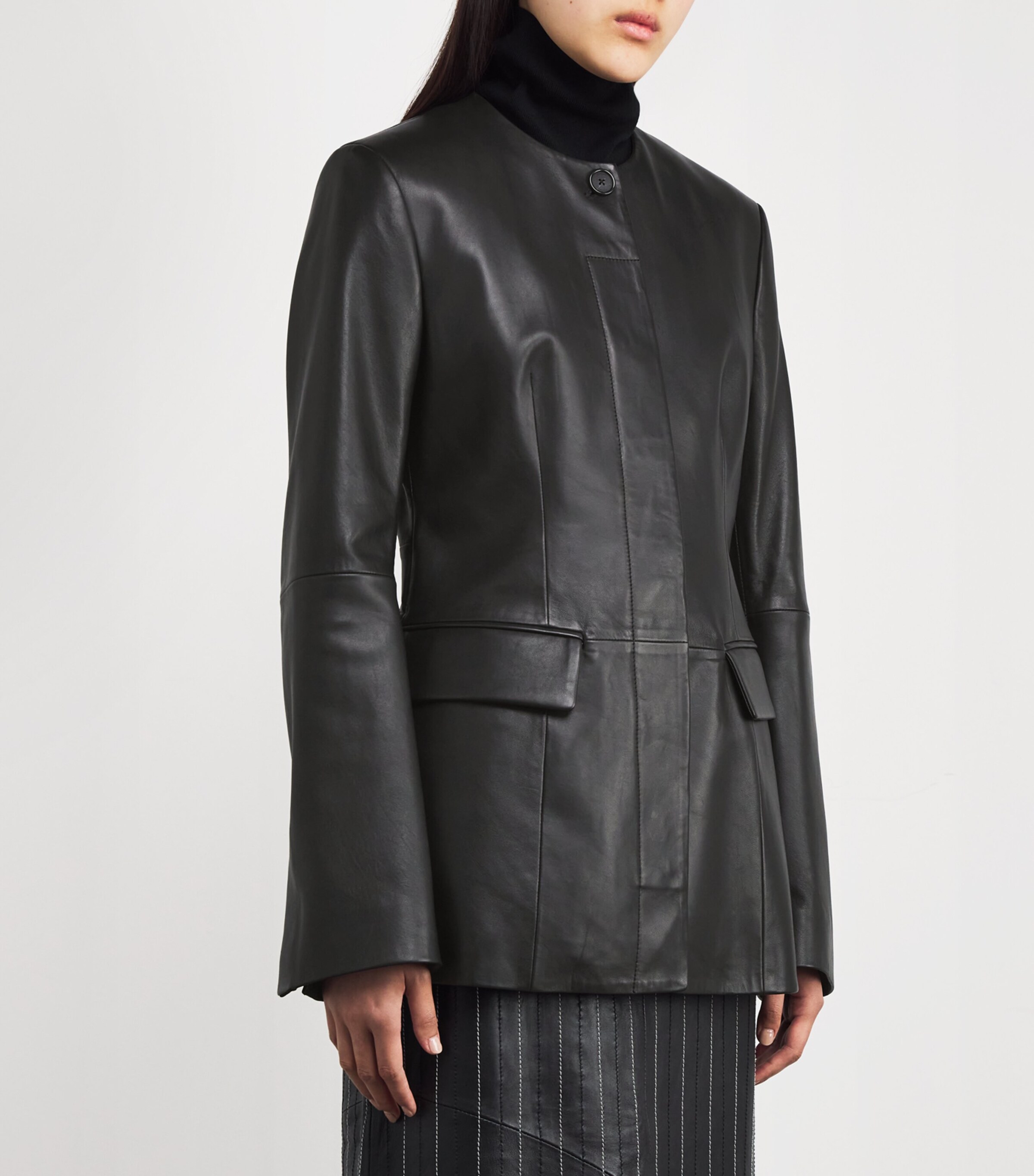 Collarless Leather Jacket 001 BLACK Image 3