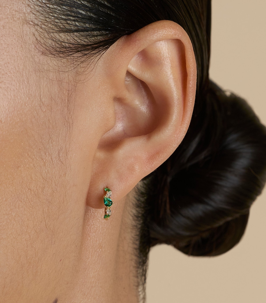 Yellow Gold, Diamond and Emerald Marquise Huggies GOLD Image 2