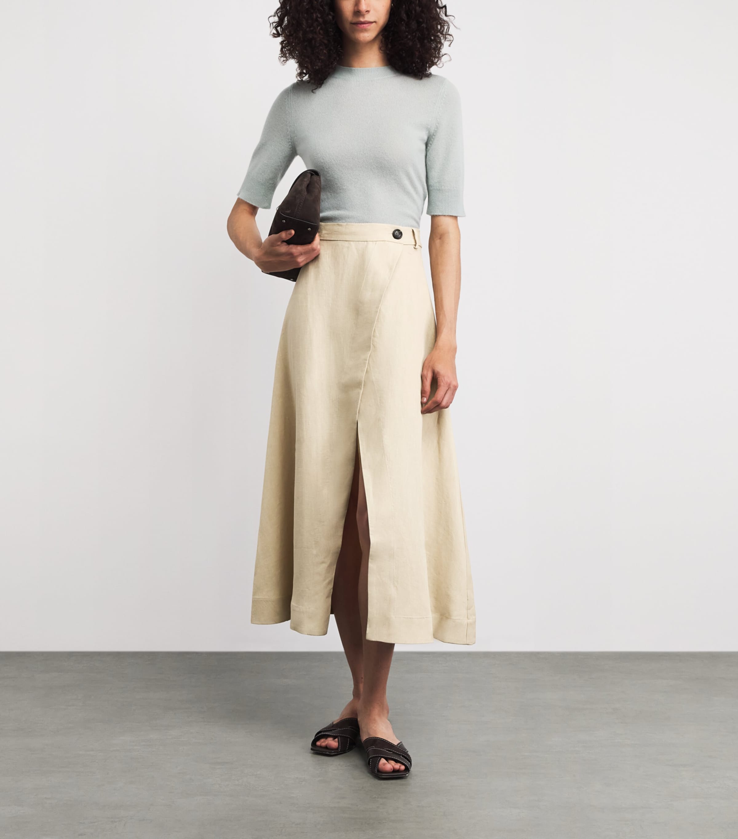 Le Kasha Womens Linen Raqi Crossover Midi Skirt Beige Image 2