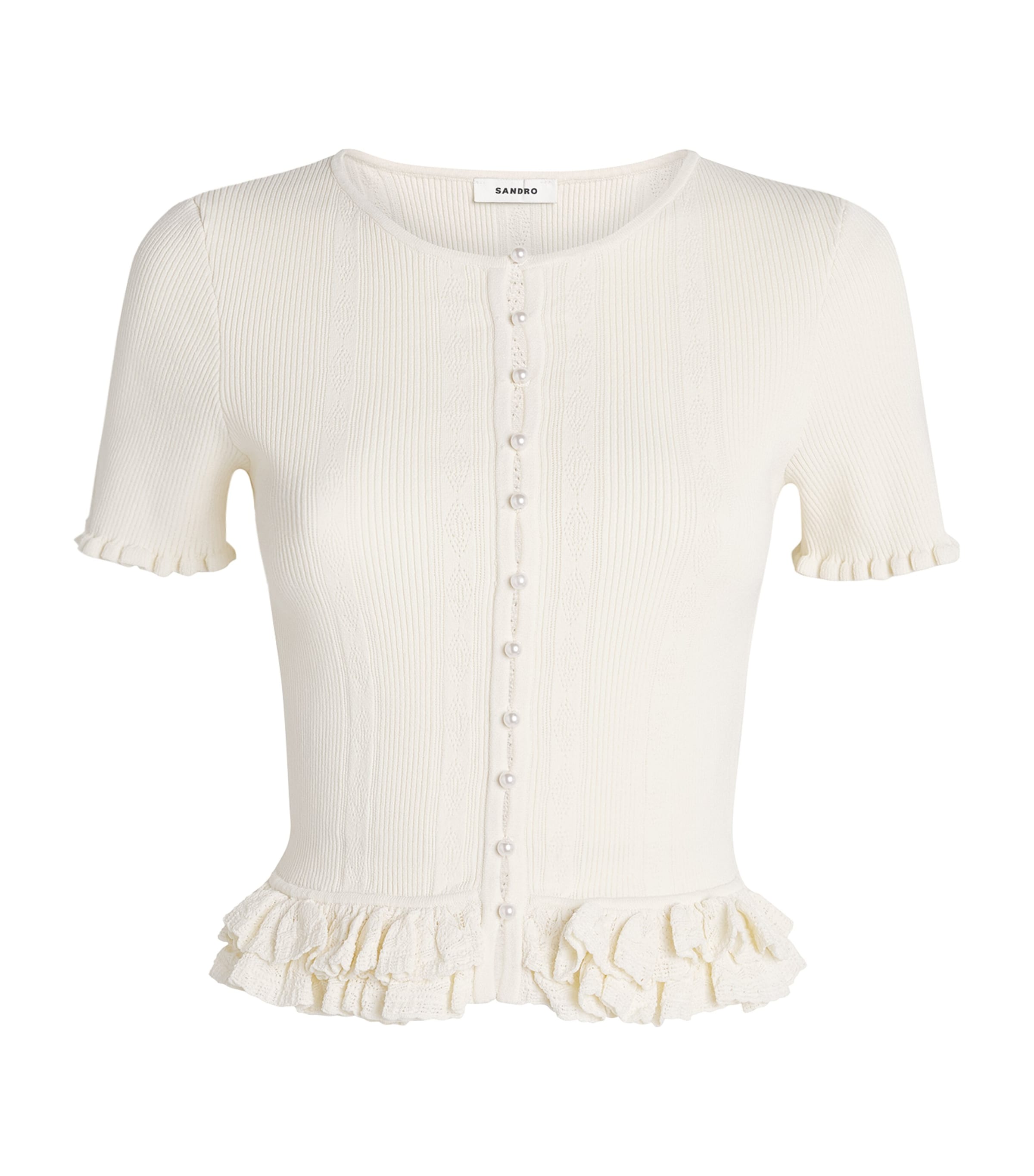Sandro Paris Womens Knit Ruffled Slim Cardigan Ecru Image 1