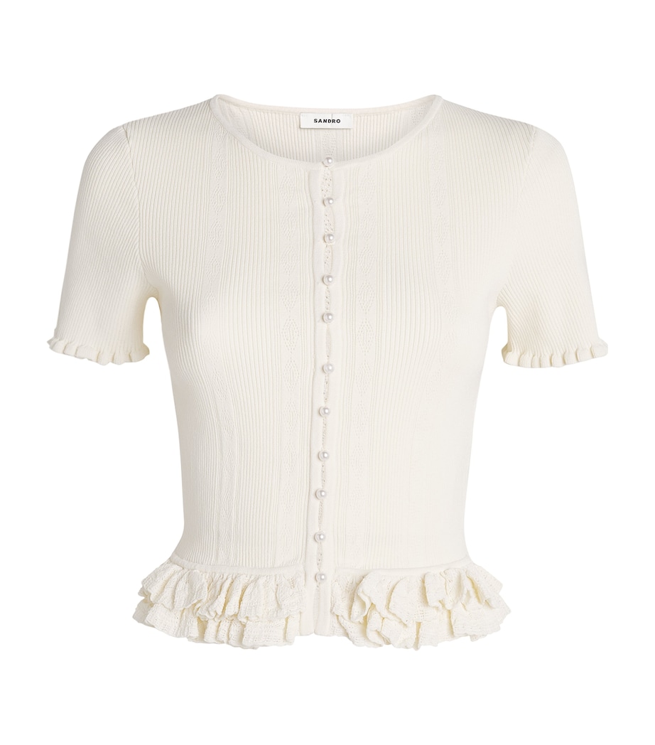Sandro Paris Womens Knit Ruffled Slim Cardigan Ecru Image 1