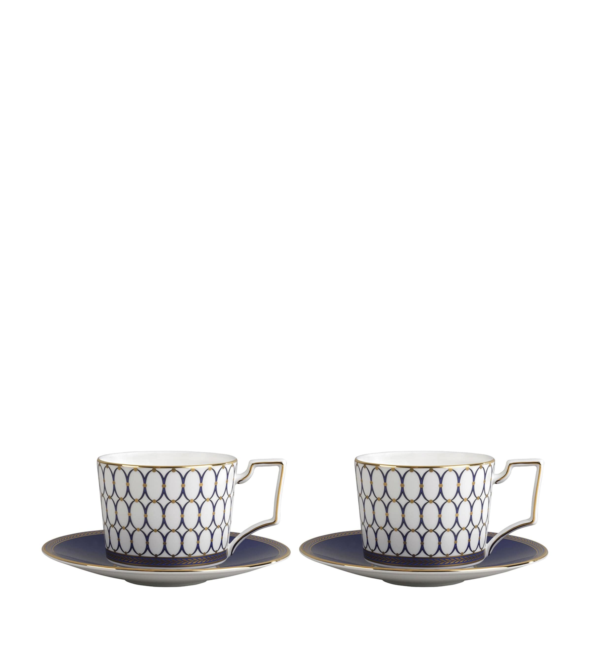 Wedgwood Renaissance Gold Fine Bone China Cups And Saucers Set Of Two In Blue