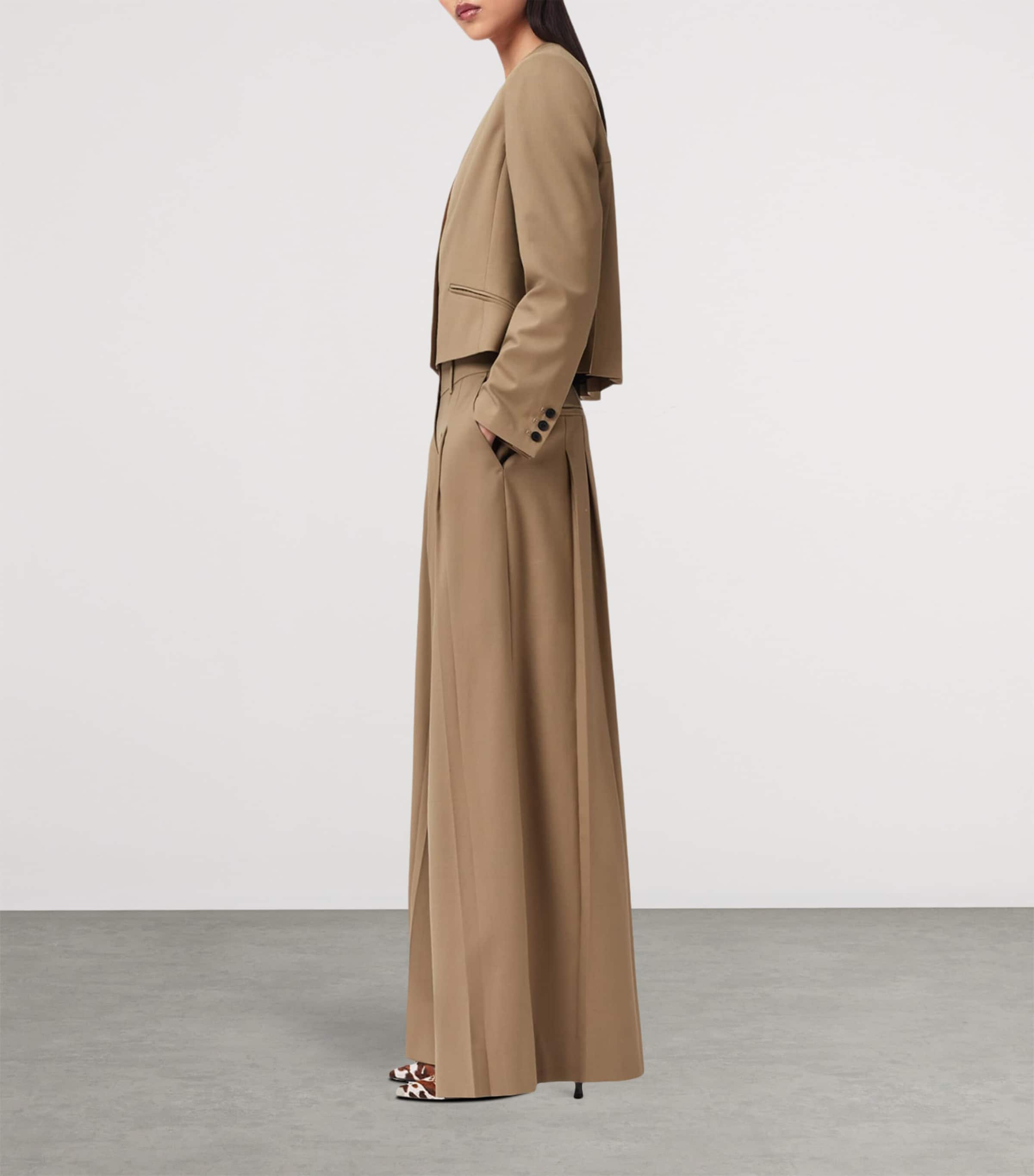 AllSaints Womens Wool-Blend Wide-Leg Poppy Trousers Sand Brown Image 3