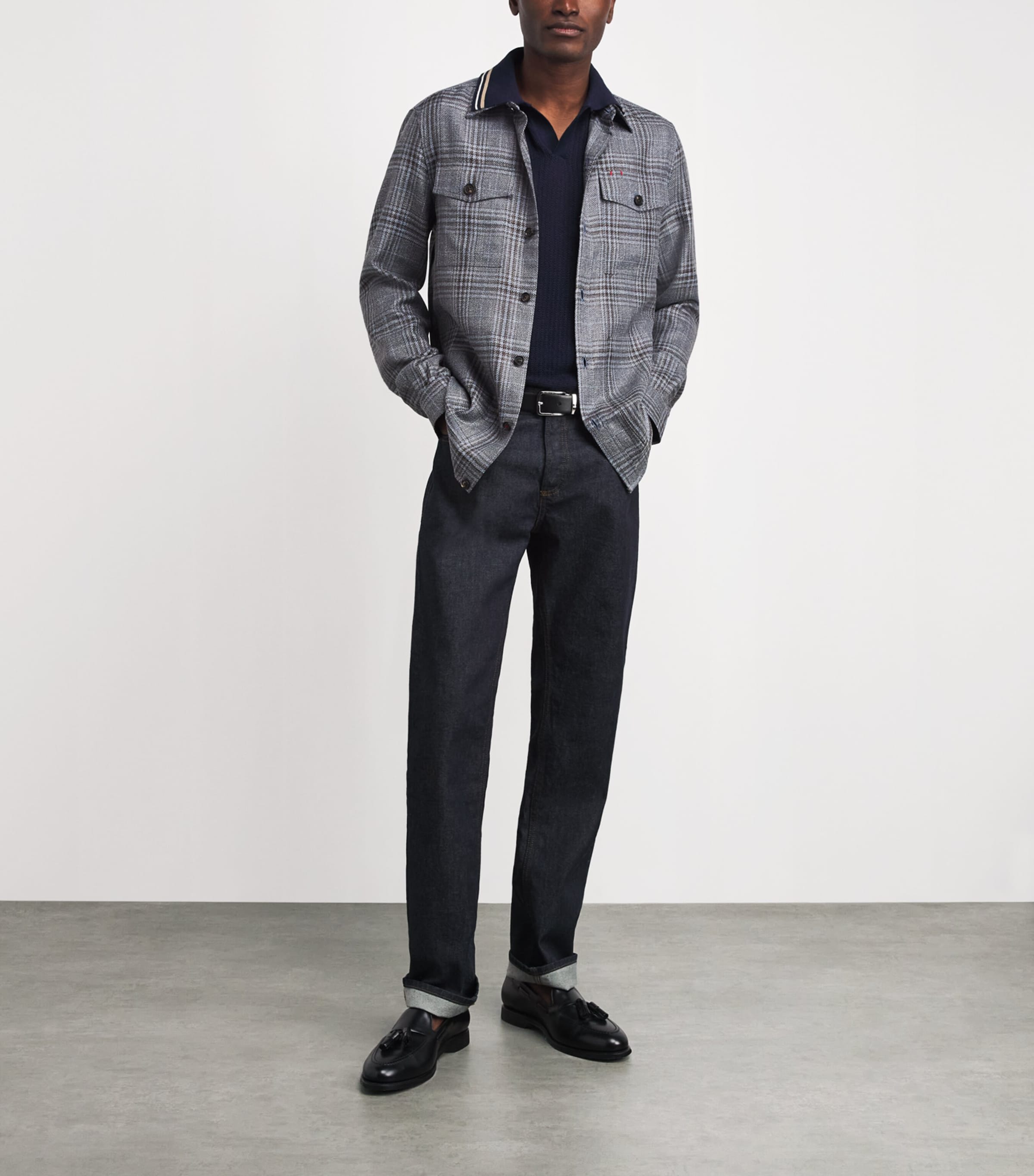 Isaia Mens Wool-Silk-Linen Check Overshirt Image 2