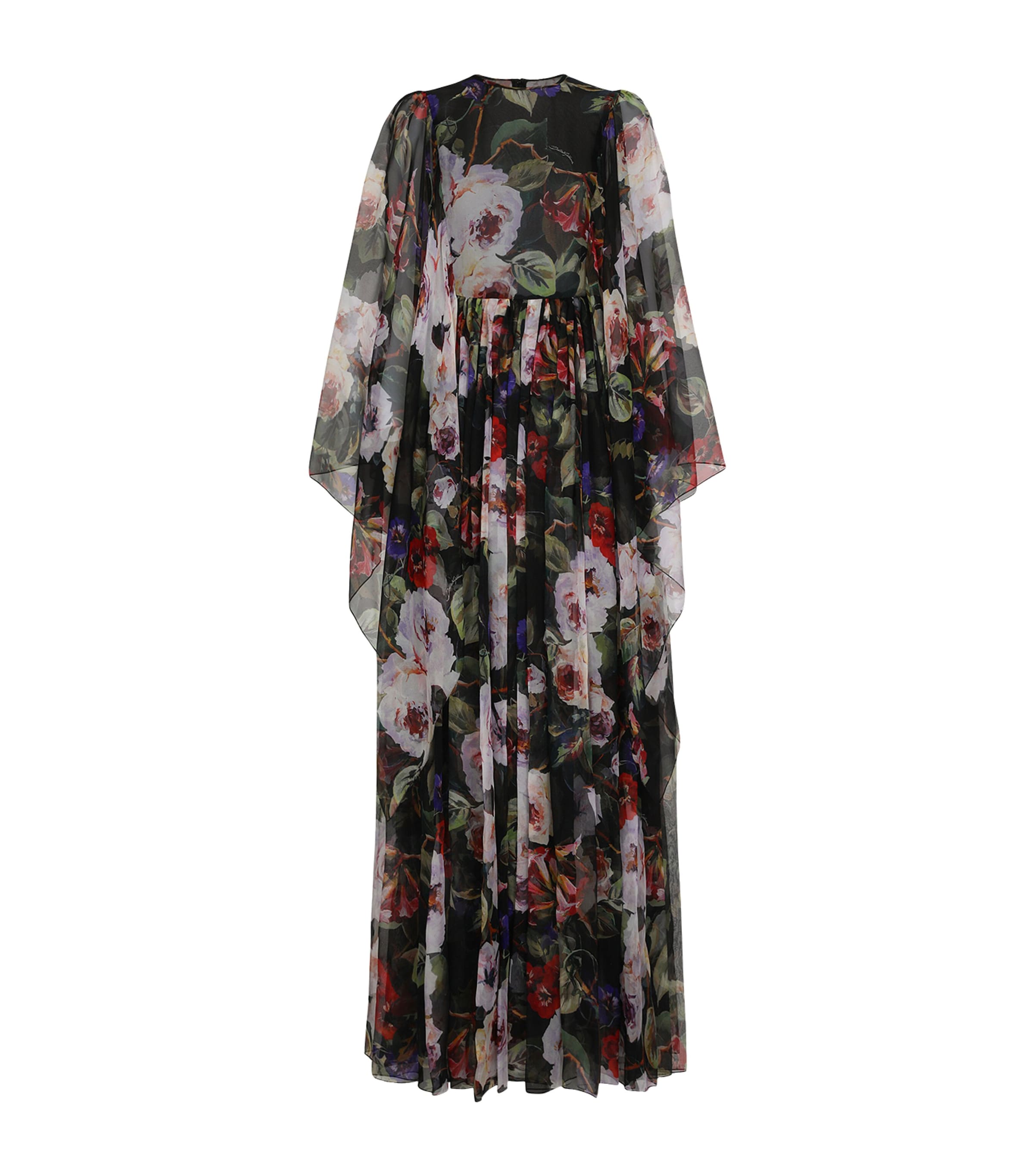Dolce & Gabbana Long Chiffon Dress With Rose Garden Print