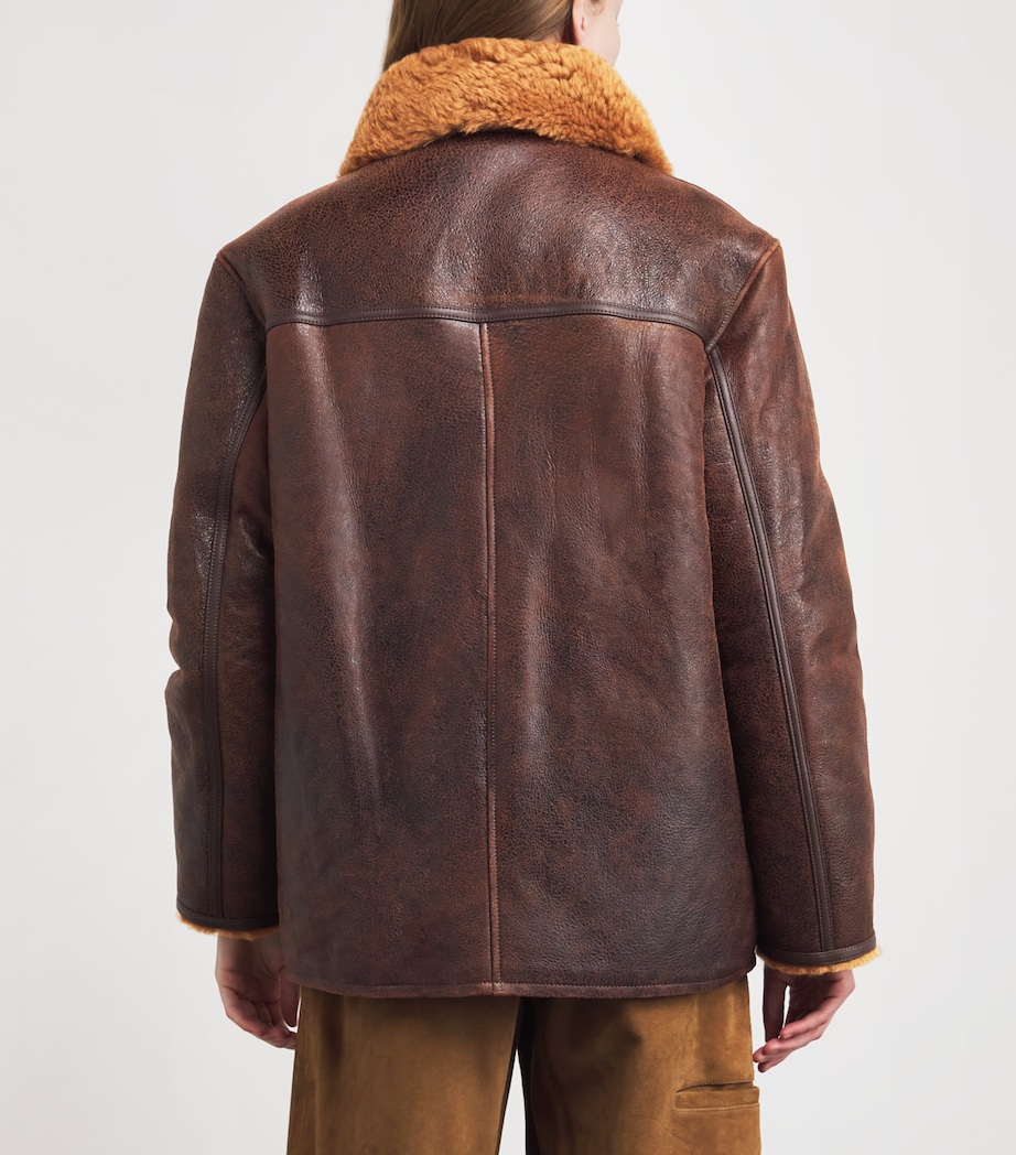 Leather Shearling-Detail Aviator Jacket DARK BROWN Image 4