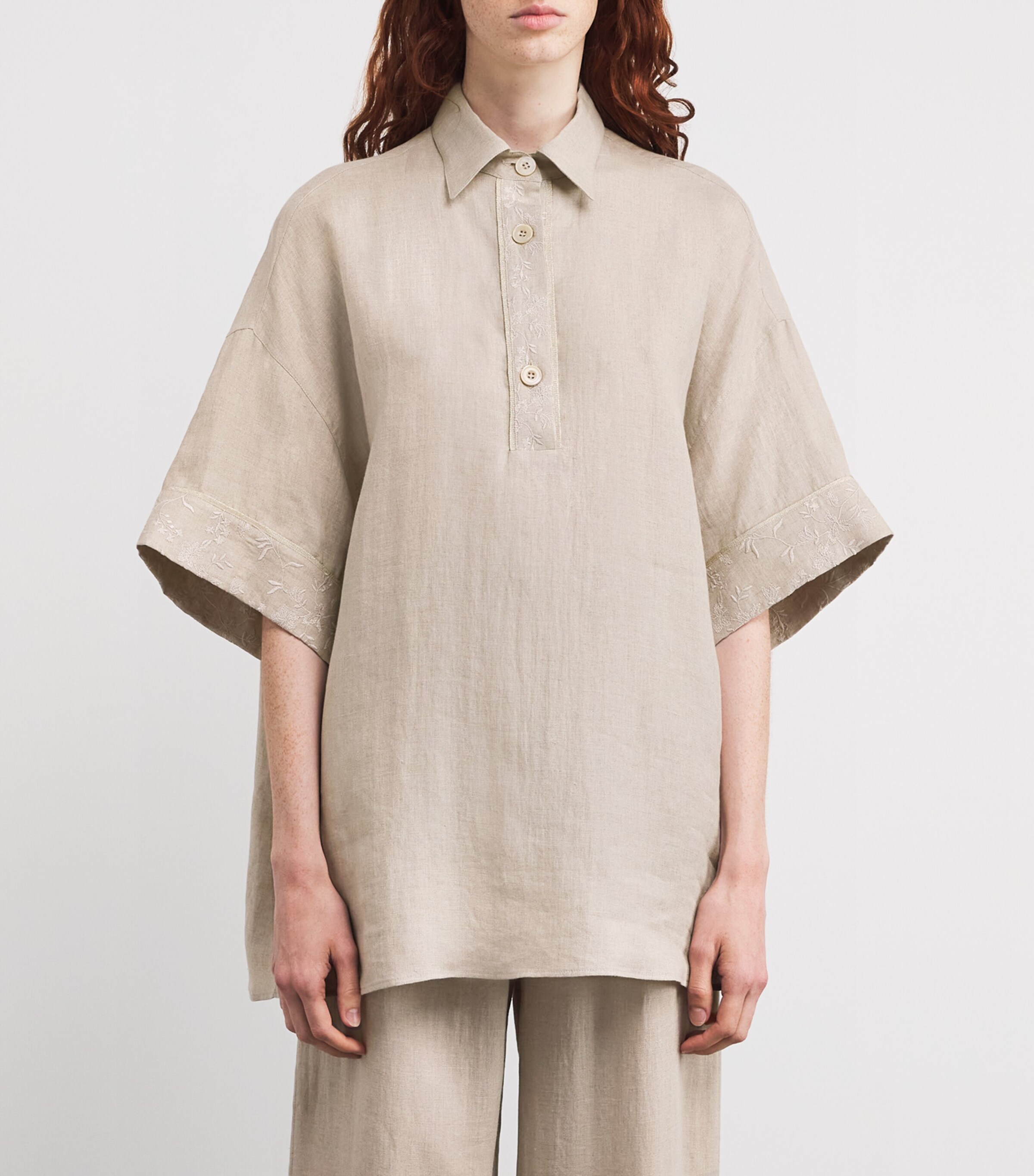 Eleventy Womens x Harrods Linen Embroidered Collared Shirt Sabbia Image 3