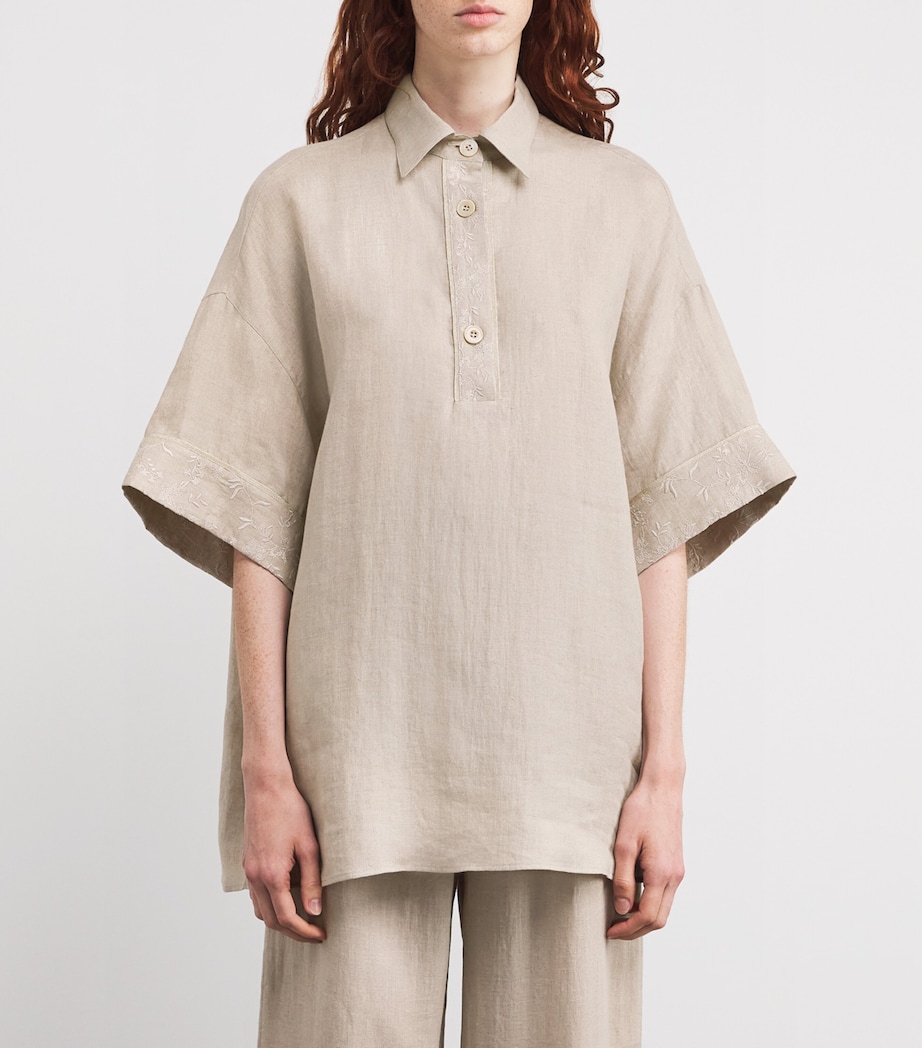 Eleventy Womens x Harrods Linen Embroidered Collared Shirt Sabbia Image 3
