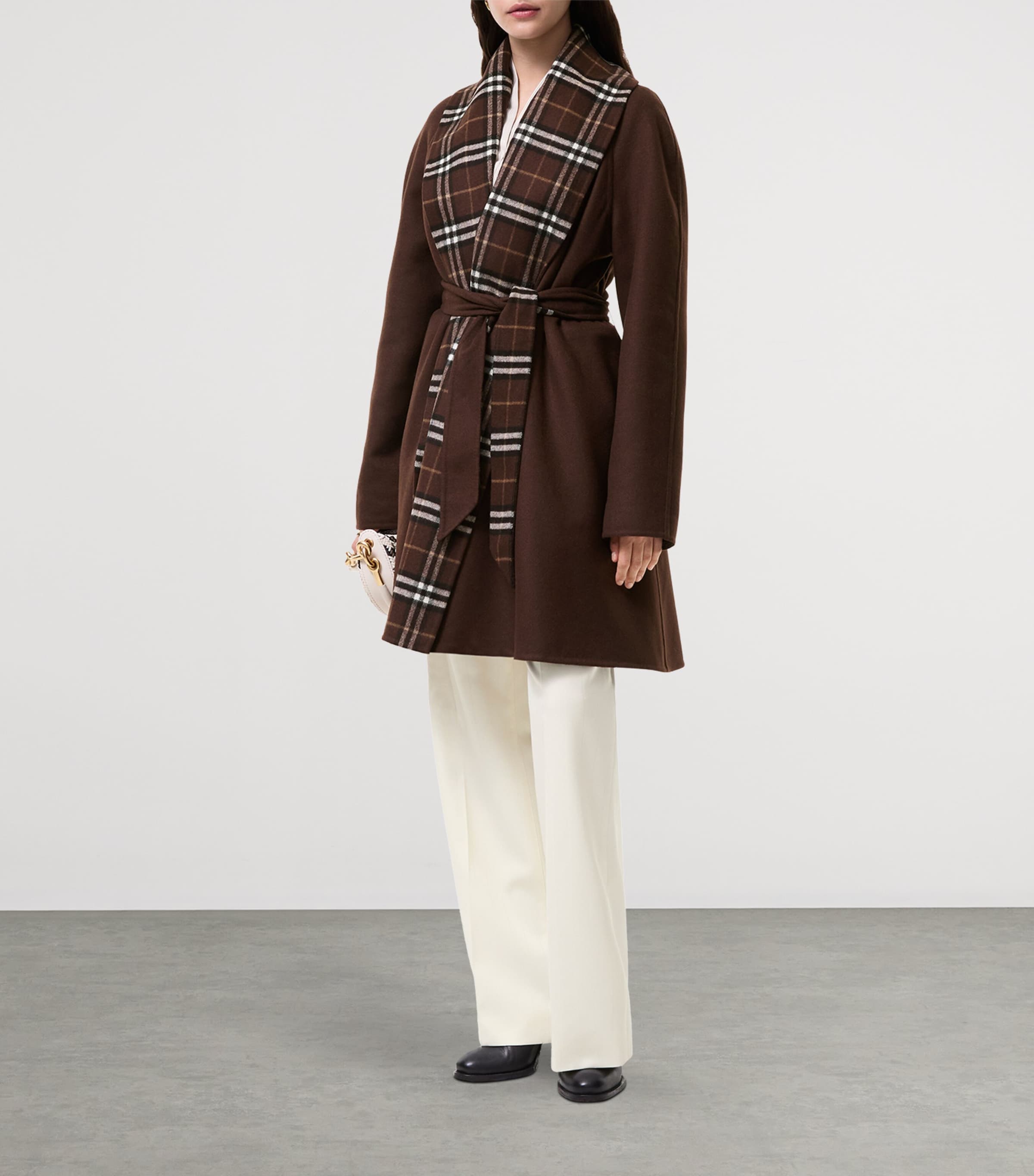 Burberry Womens Wool Check-Trim Wrap Coat Treacle Brown/brn Ck Image 2