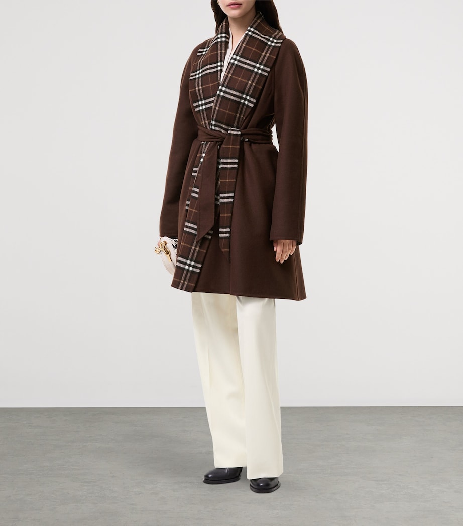 Burberry Womens Wool Check-Trim Wrap Coat Treacle Brown/brn Ck Image 2