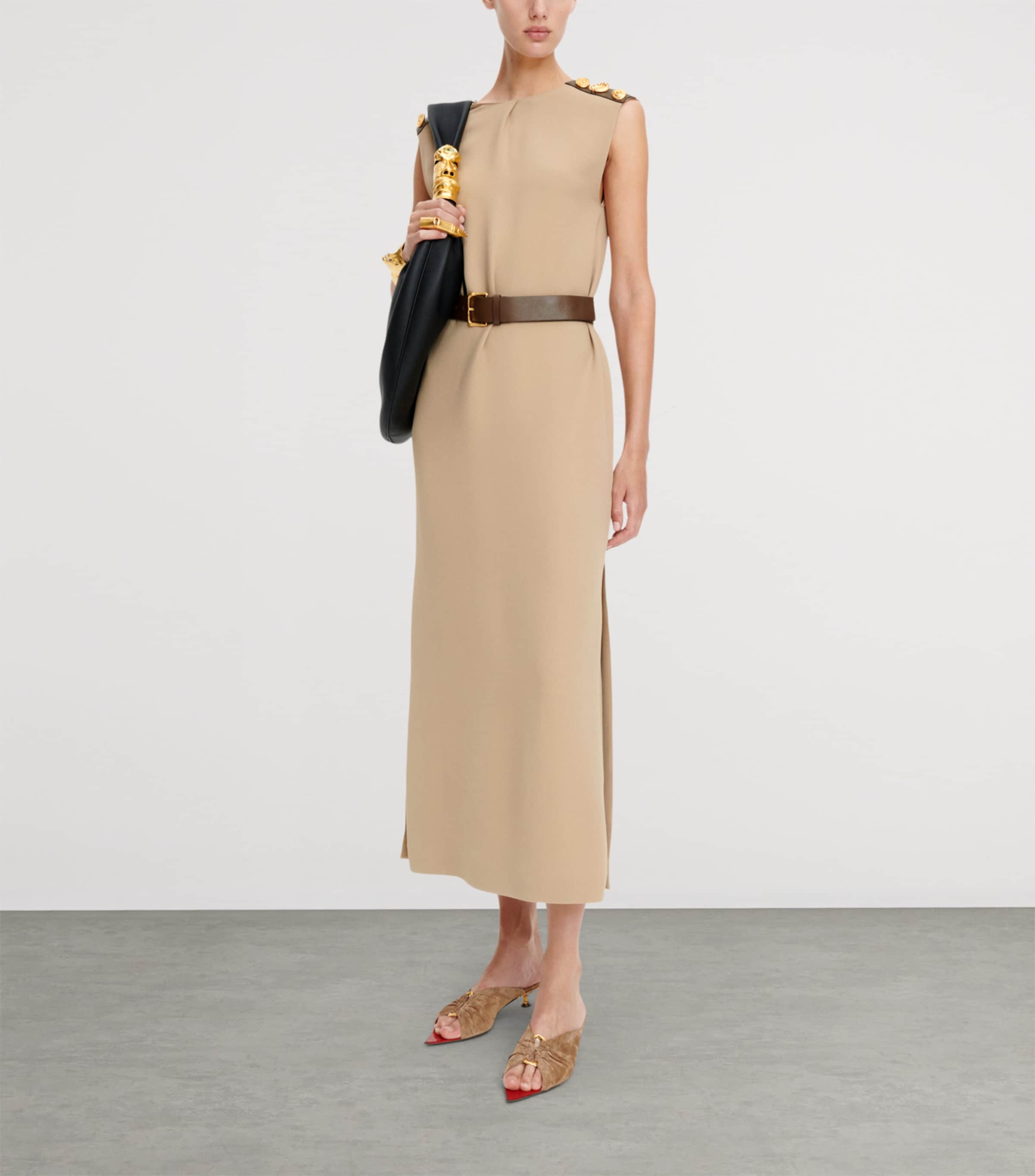 Schiaparelli Womens Crepe Leather-Trim Midi Dress Beige Image 2